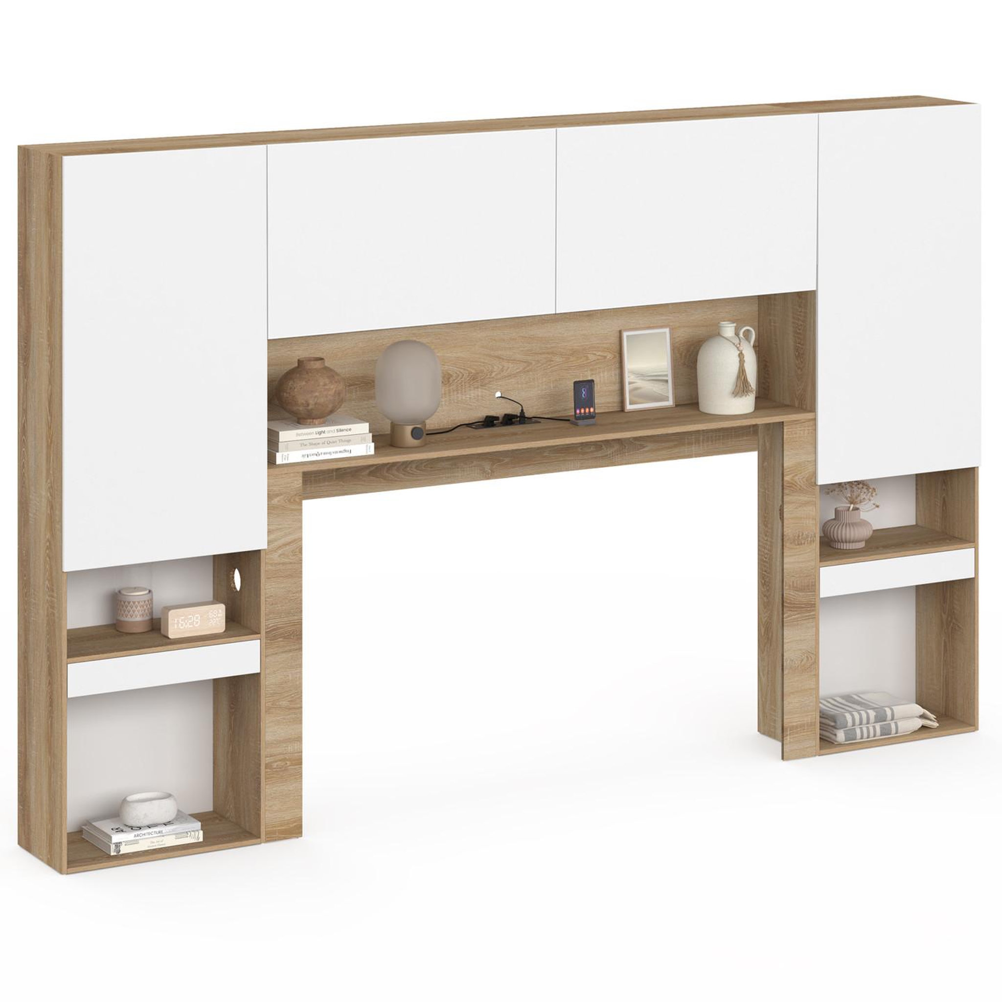 ID MARKET Pont de lit BRIDGET XXL 265 cm avec rangements, penderie, multiprises et LED bois et blanc