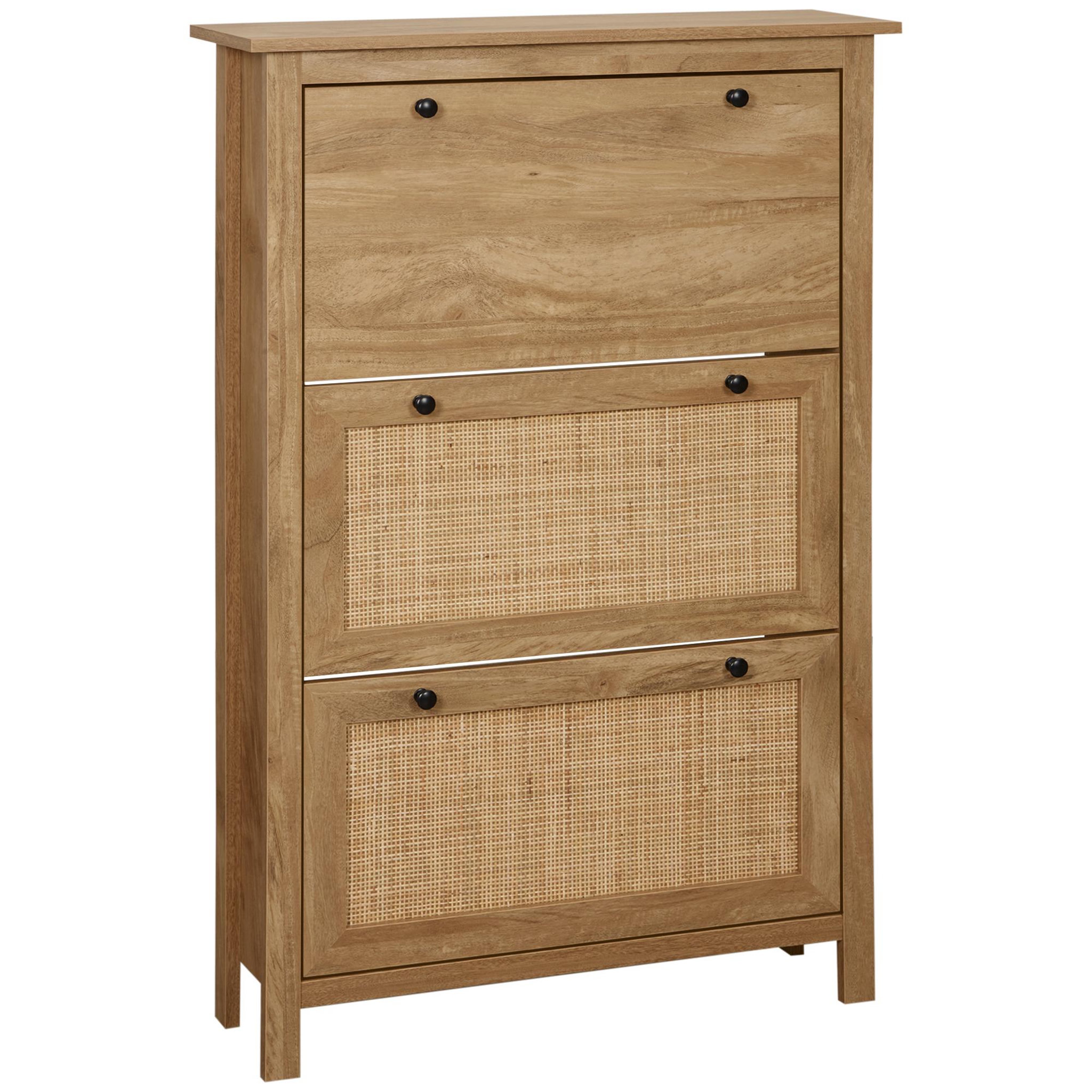 HOMCOM Meuble à chaussures 3 portes abattants dim. 80L x 23,5L x 121,5H cm aspect bois effet cannage rotin