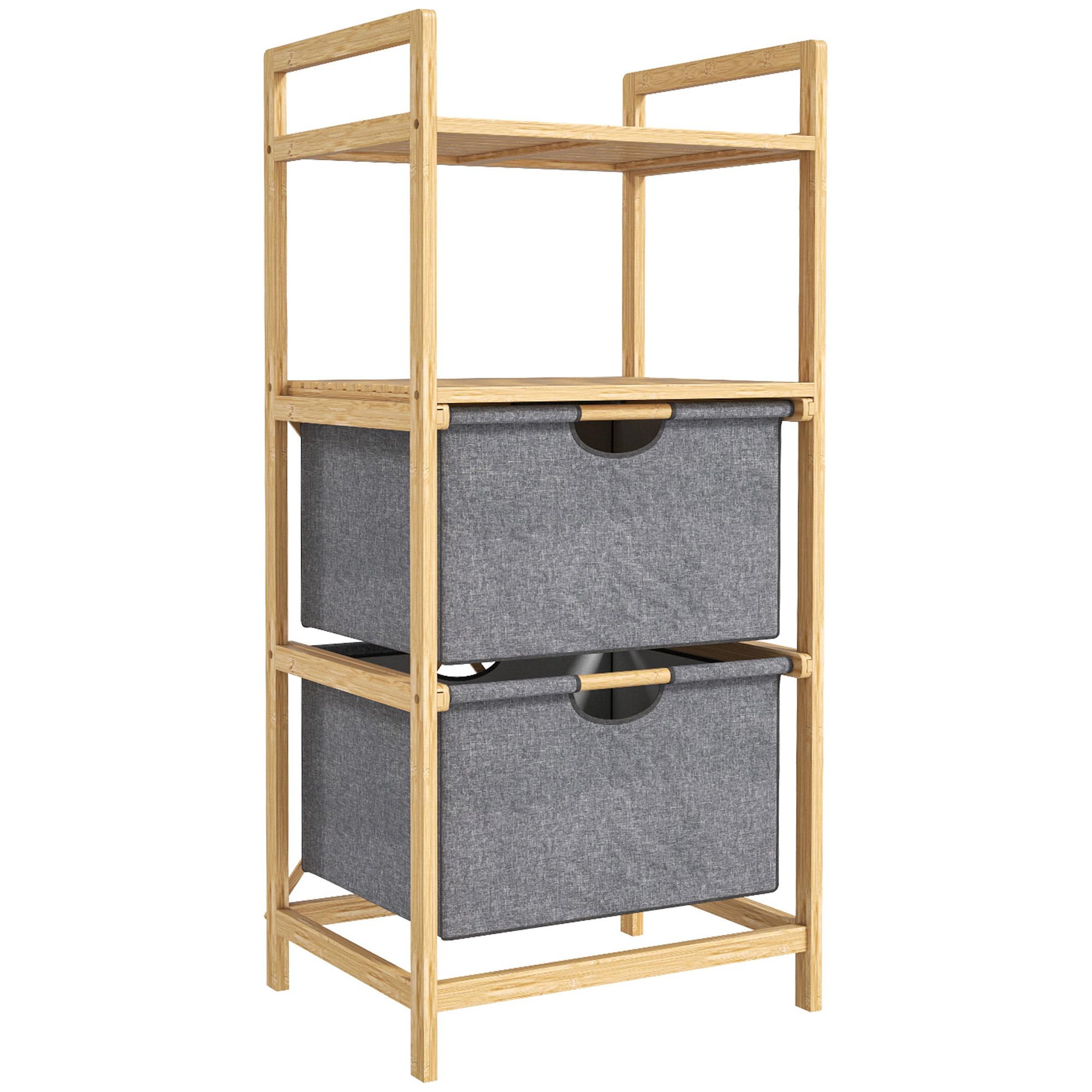 HOMCOM Panier à linge en bambou - panier à linge 2 bacs 2 étagères - panier à linge double - tissu gris