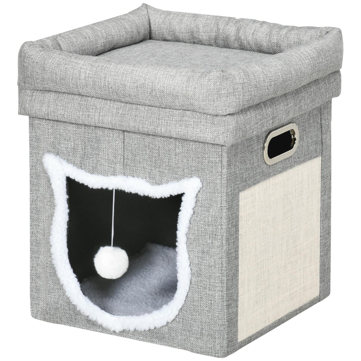 PAWHUT Panier chat avec plateau coussin moelleux grattoir jeu boule suspendue poignées gris