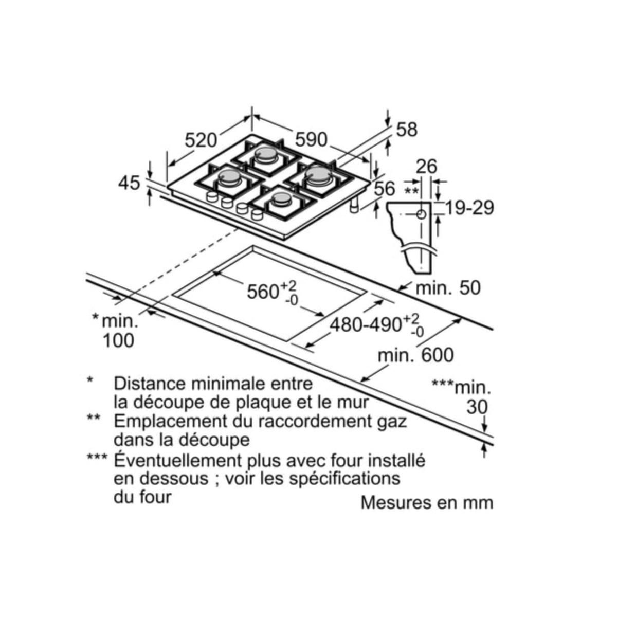 BOSCH Table de cuisson gaz 60cm 4 feux 7500w - PPP6A6I40