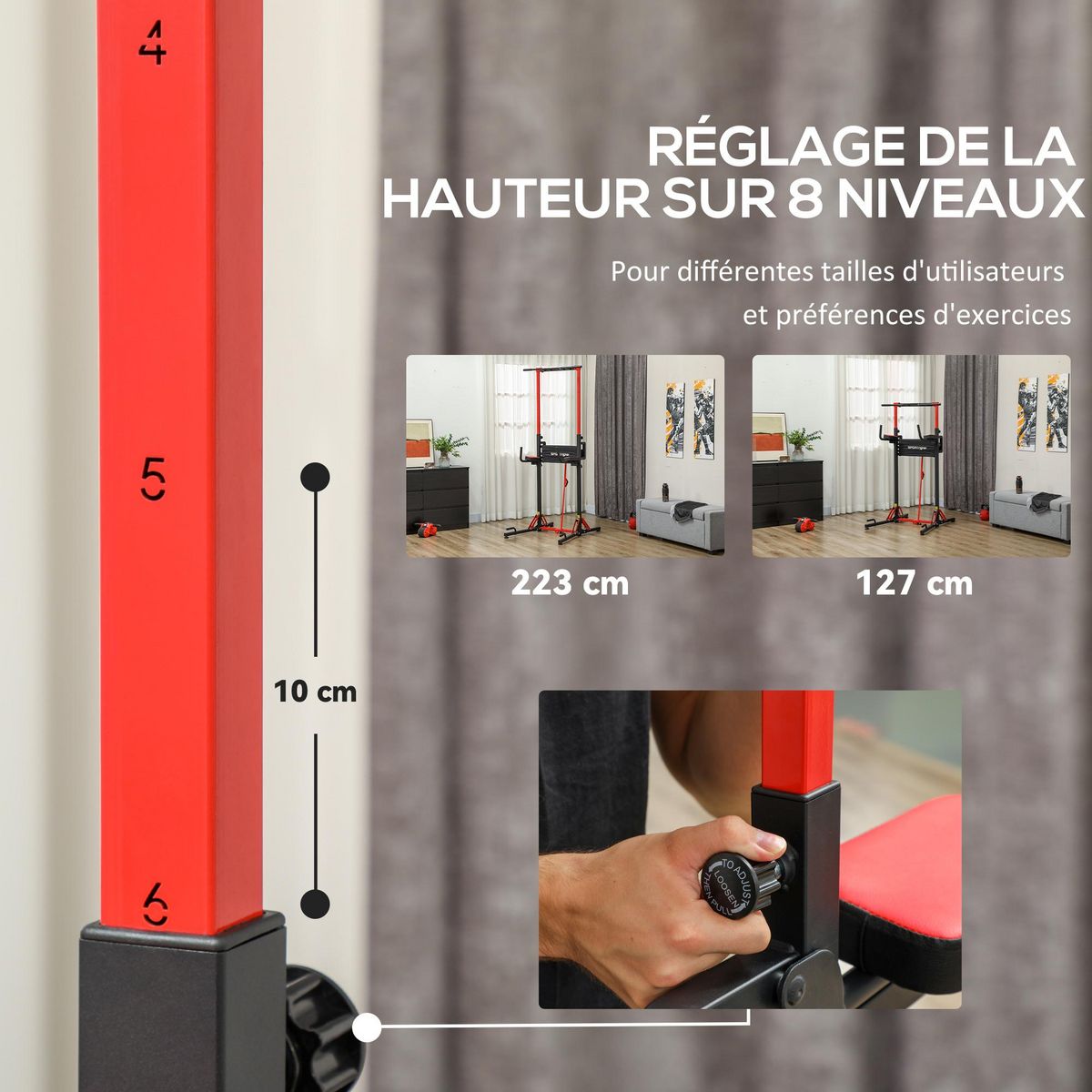 HOMCOM Station de traction musculation pliable réglable - station de dips - chaise romaine - acier rouge noir