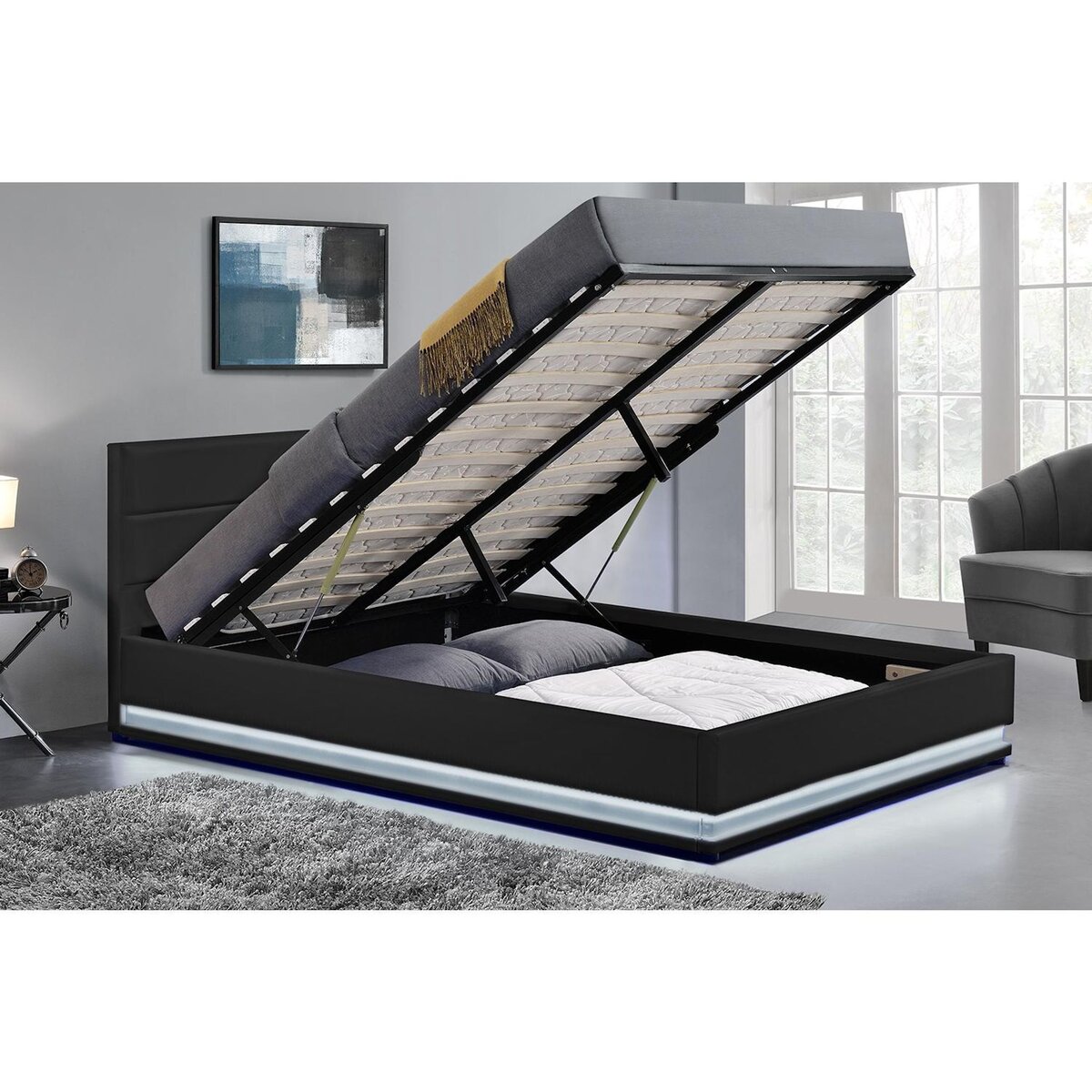 CONCEPT USINE Structure de lit LED avec rangements 140 x 190 cm noir NEWYORK