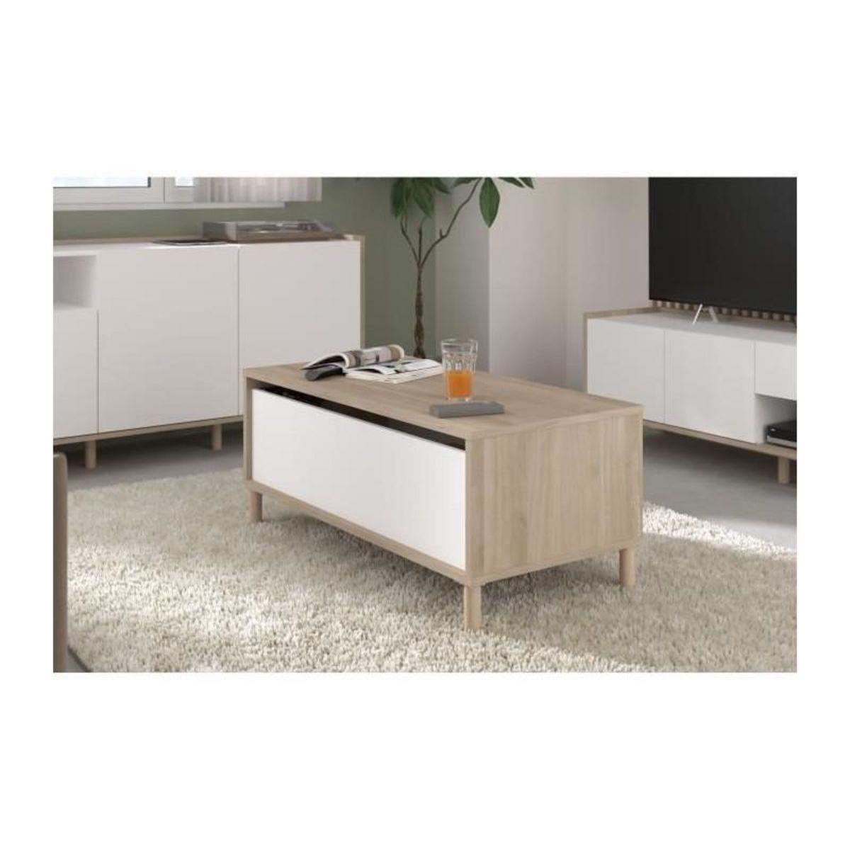 PARISOT Table basse - Rectangulaire - Décor blanc / Chene - Dessus relevable - 4 pieds - 100,8 x 43,6 x 50 cm