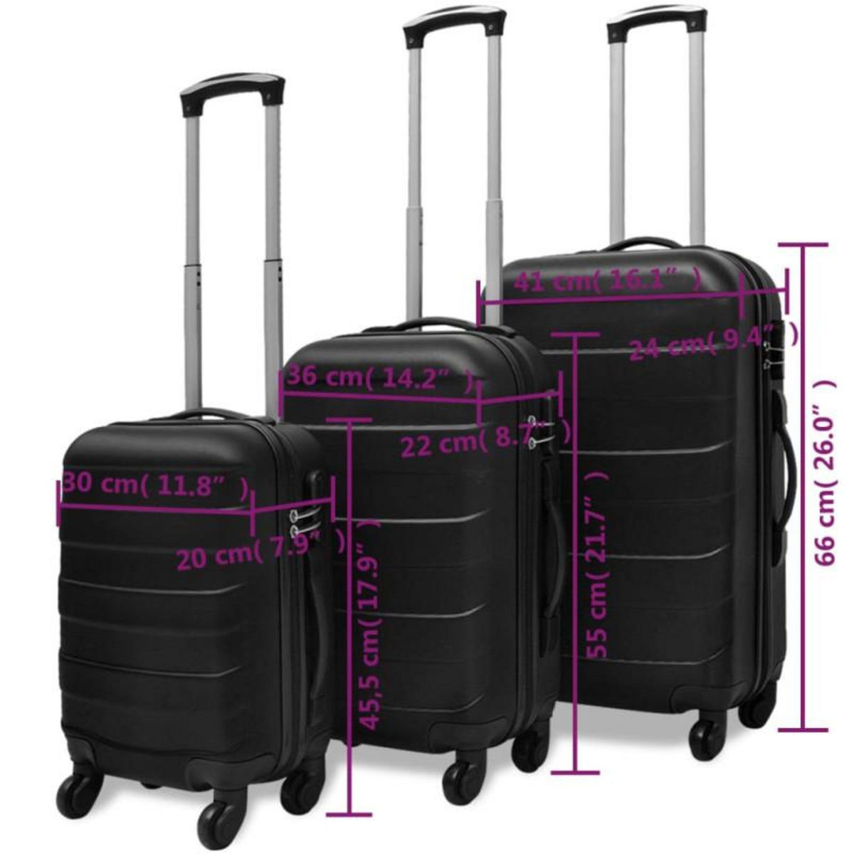 VIDAXL Ensemble de valises rigides 3 pcs Noir 45,5 55 66 cm