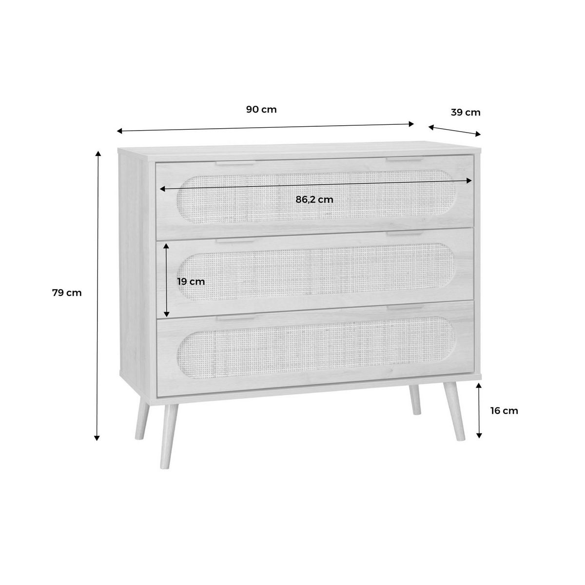 SWEEEK Commode. Eva. décor bois et cannage arrondi. 3 tiroirs L 90 x l 39 x H 79cm
