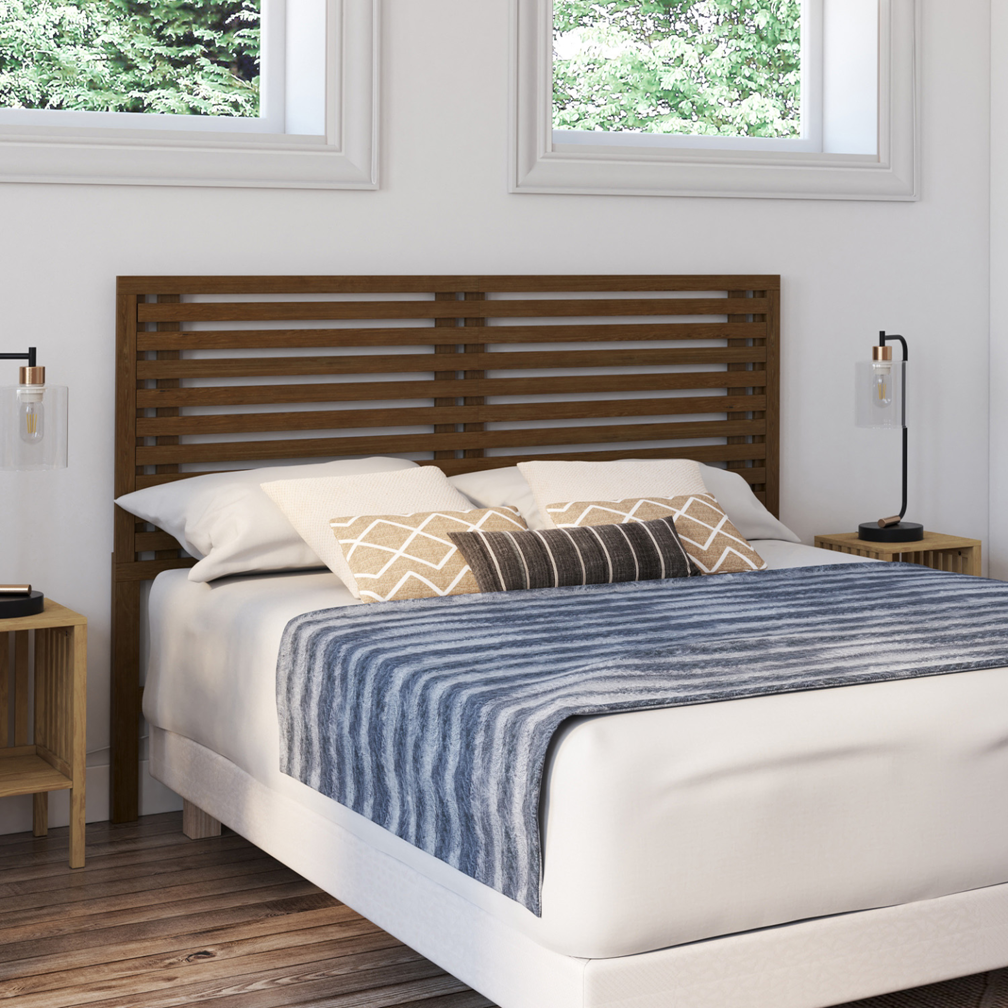 Voir la diapositive 2 : ID MARKET Tête de lit sur pied en lattes ava 160 cm façon bois vieilli