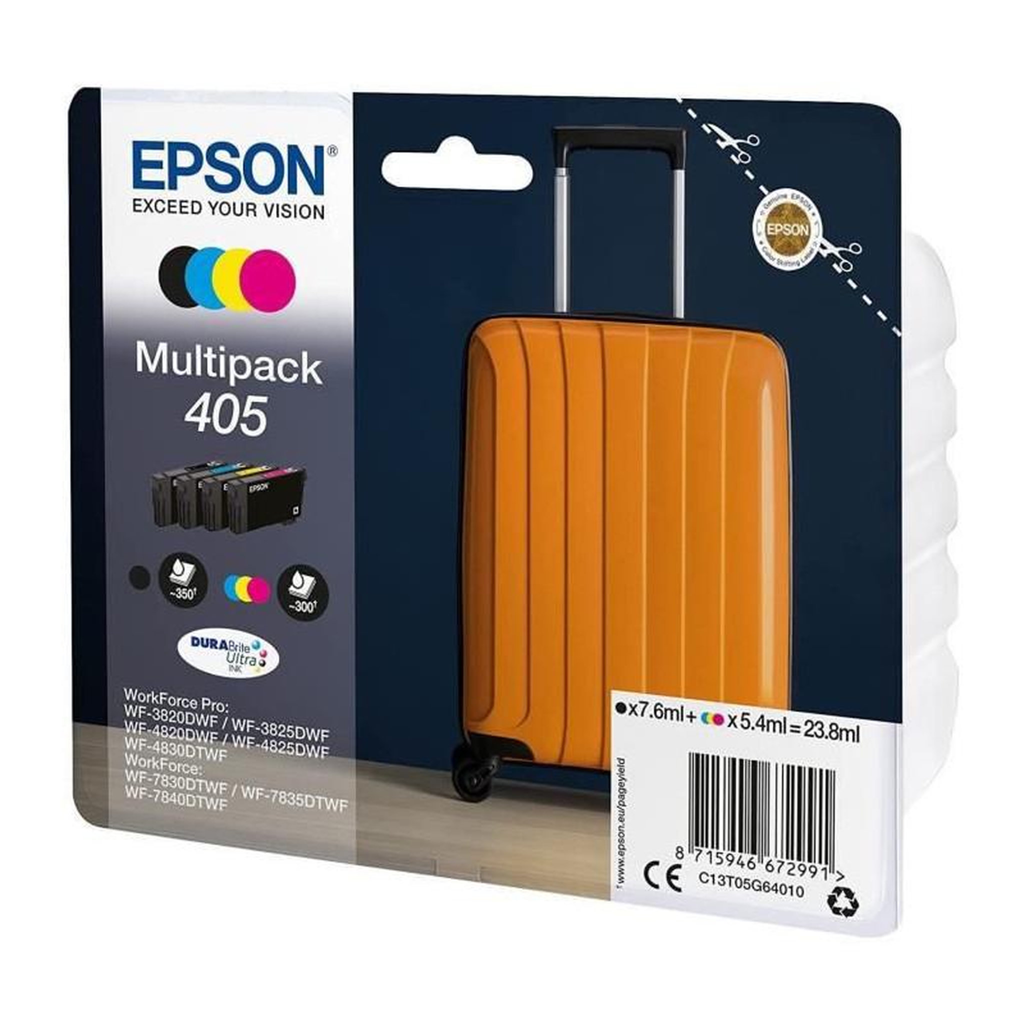 Voir la diapositive 2 : Epson Pack de 4 Cartouches dencre - 405 Ultra Ink - EPSON - WorkForce WF-7830, 7835, 7840, WorkForce Pro WF-3820, 3825, 4820, 4825, 48