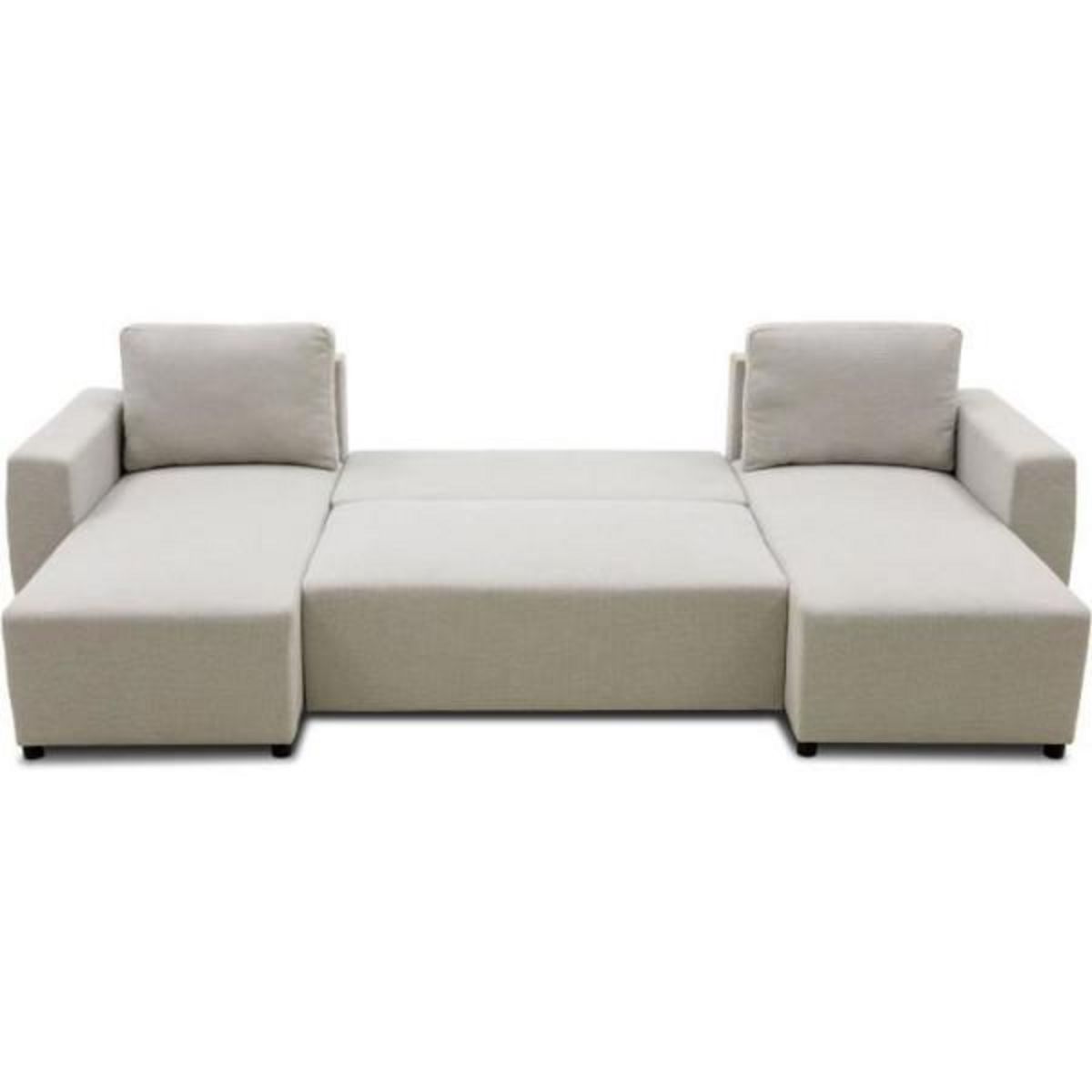 MARKET24 Canapé d'angle convertible panoramique PHARELL 5/6 places - Tissu beige - Coffre de rangement - L297 x P155 x H85 cm