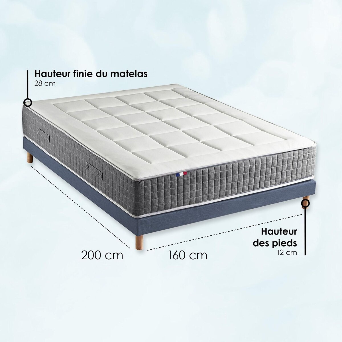 IDLITERIE Ensemble Matelas Ressort 7 zones H.28cm + Sommier Fabriqué en France MAX