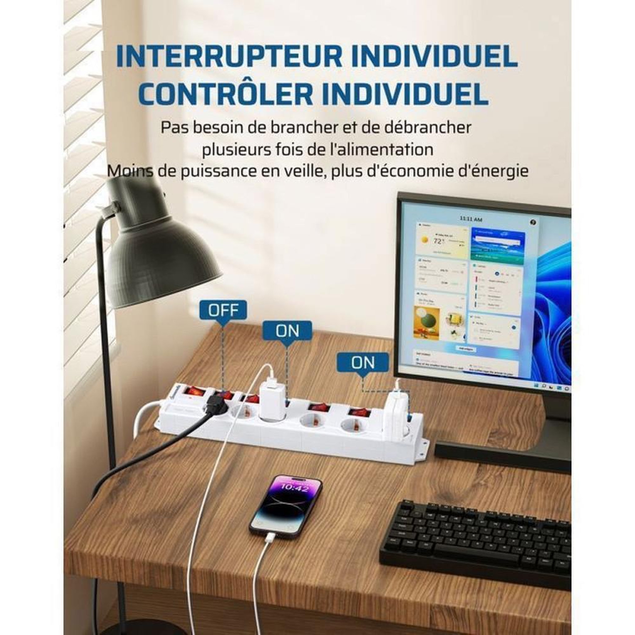 Voir la diapositive 2 : Multiprise parafoudre 6 prises 16A 3680W avec 7 interrupteurs bipolaires et câble 2 m blanche