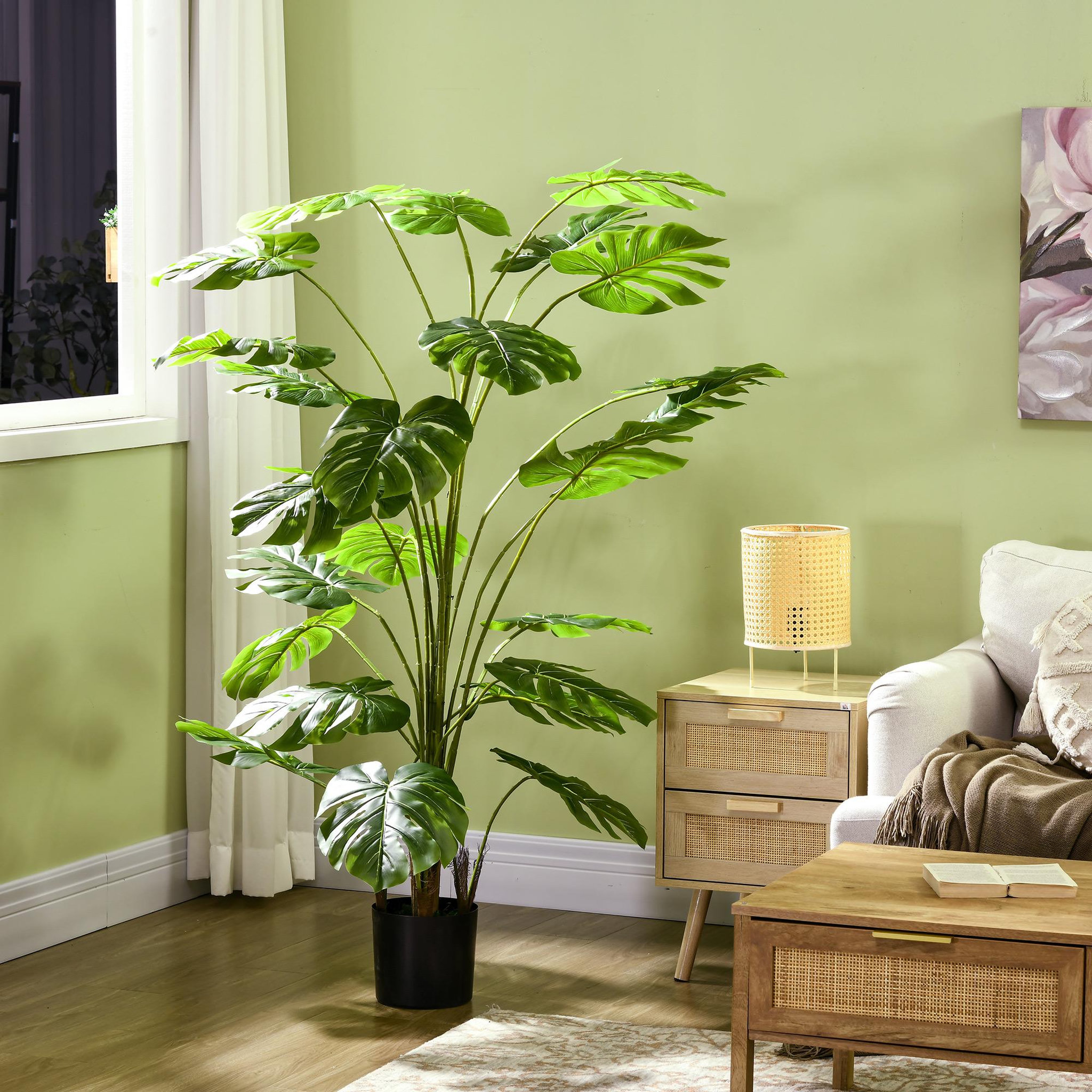 Voir la diapositive 2 : HOMCOM Arbre artificiel plante artificielle Monstera H. 180 cm tronc branches lichen feuilles de tortue grand réalisme pot inclus