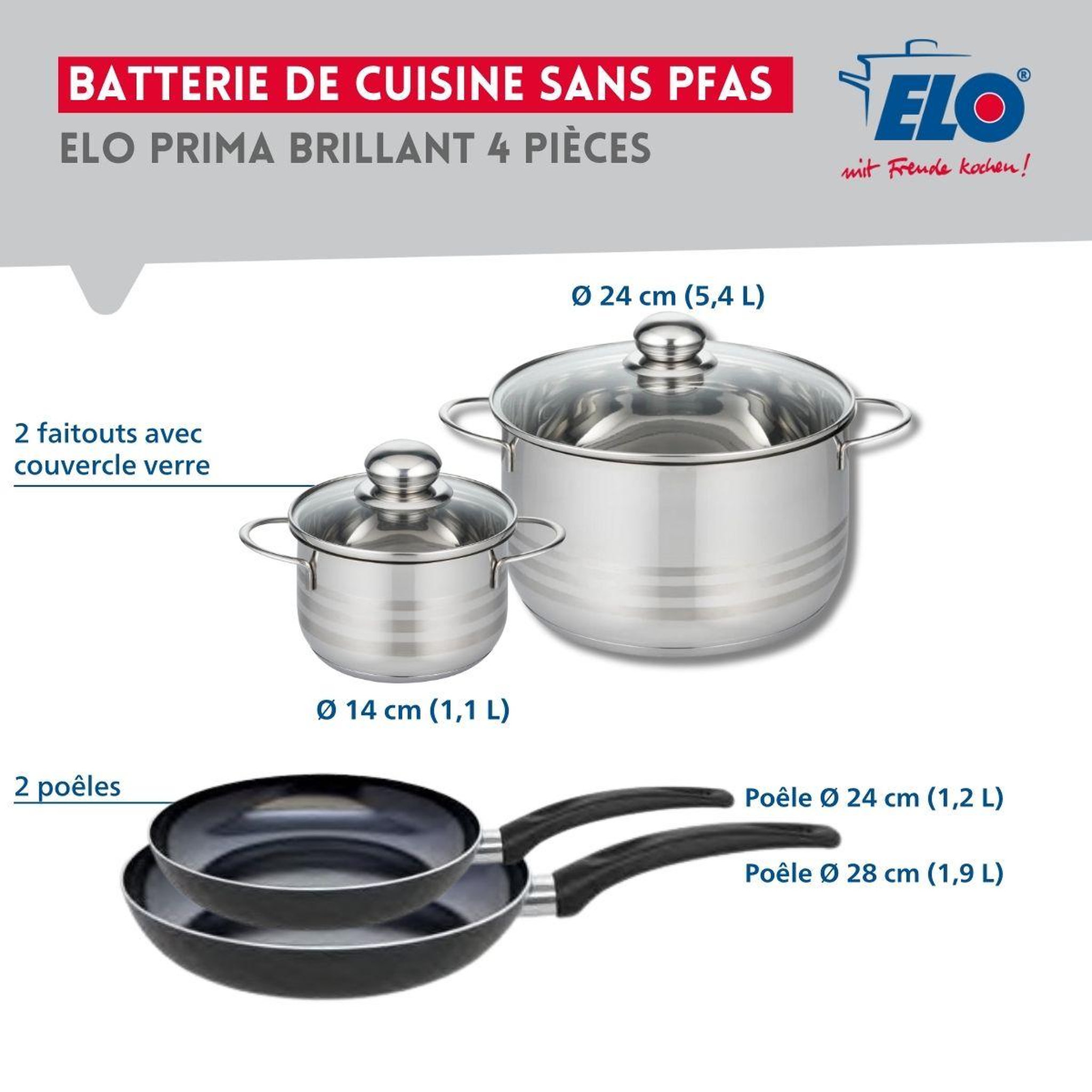 Voir la diapositive 2 : ELO Ensemble de 2 poêles de cuisson 24 et 28 cm et 2 faitouts 14 et 24 cm elo prima brillant