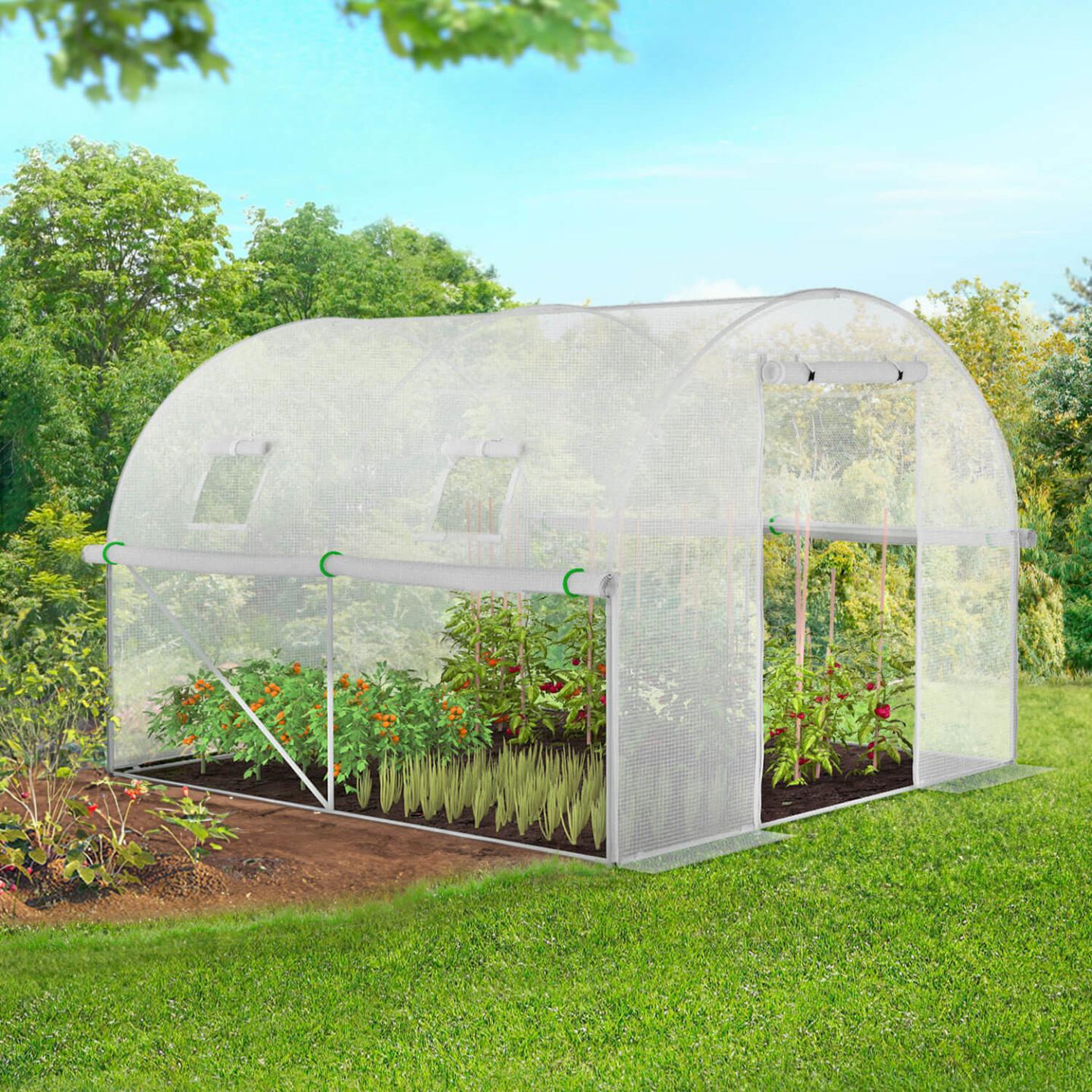 Voir la diapositive 2 : ID MARKET Bâche de rechange pour serre de jardin tunnel 6m² 3 x 2 x 2 m anti-UV avec porte et fenêtres ROMA blanche toutes saisons