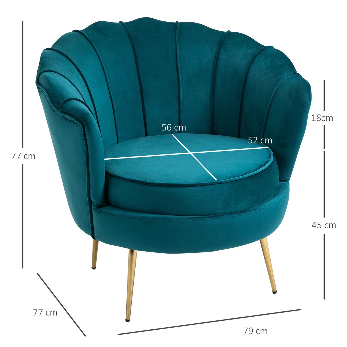 HOMCOM Fauteuil coquillage fauteuil design dim. 79L x 77l x 77H cm pieds dorés effilés velours bleu canard
