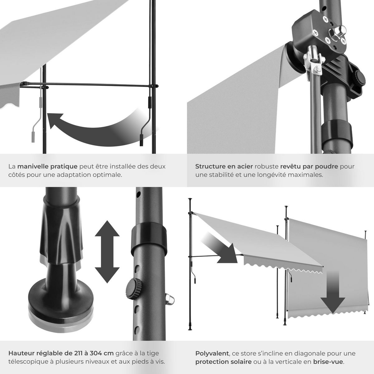 tectake Store à pince sans perçage avec manivelle gris clair 300 x 180 cm