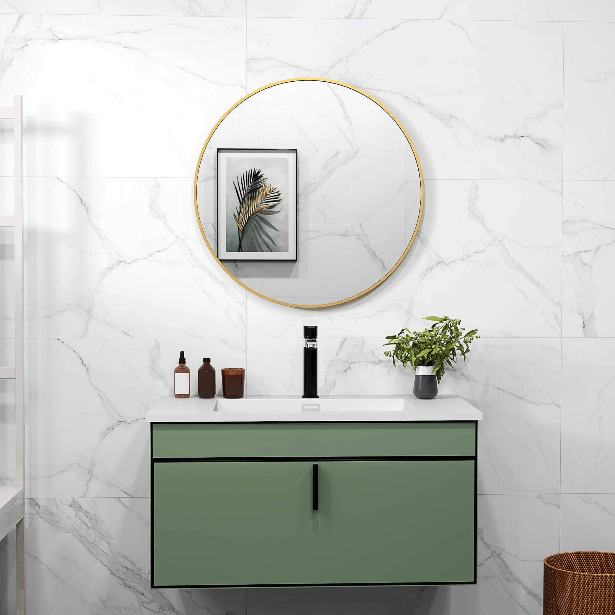 Voir la diapositive 2 : HOMCOM Miroir mural rond dia. 70 cm cadre métal doré