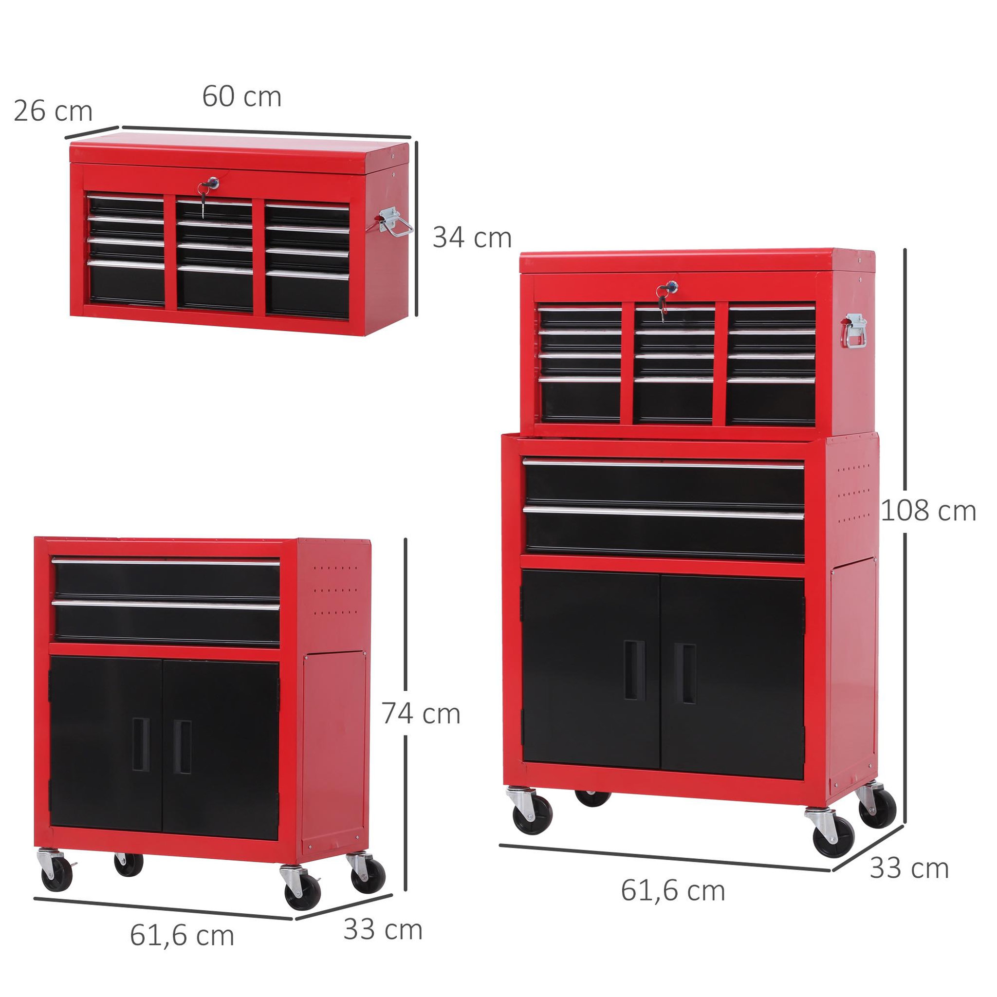 Voir la diapositive 3 : HOMCOM Servante d'atelier - caisse à outil 6 tiroirs + coffre amovible - chariot d'atelier tôle métal rouge noir