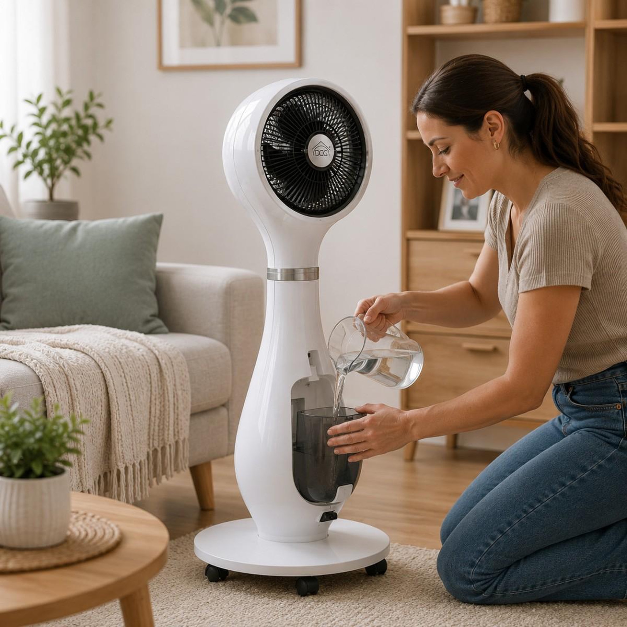 Voir la diapositive 2 : DCG Ventilateur brumisateur 80w humidificateur 2.3l télécommande timer 9h30 fonction anti-moustiques roulettes dcg