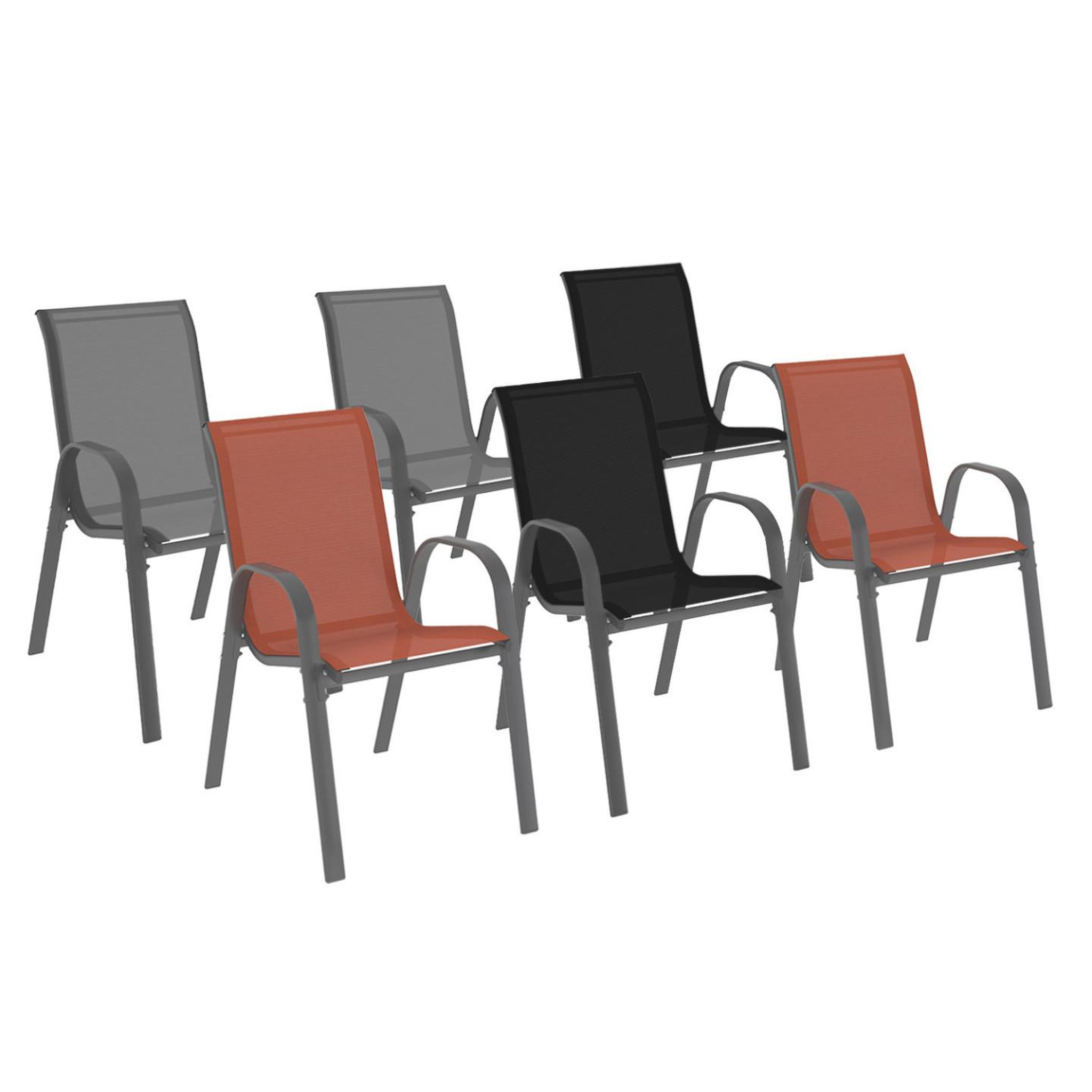 ID MARKET Lot de 6 chaises de jardin lyma métal et textilène empilables gris noir et terracotta