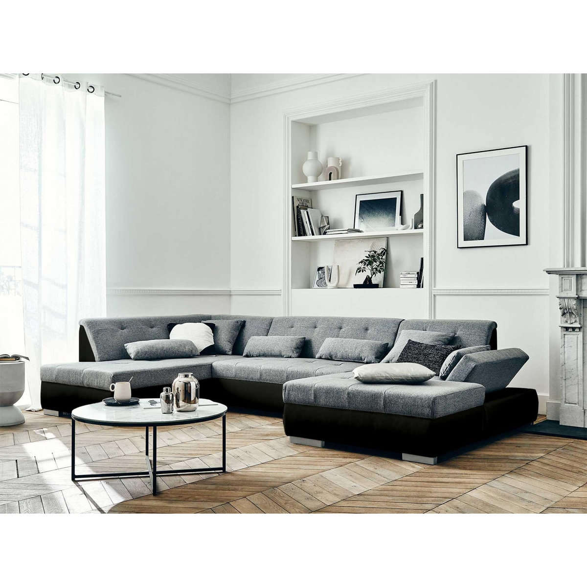 LISA DESIGN Vermont - canapé panoramique d'angle gauche - 7 places - convertible - en simili et tissu