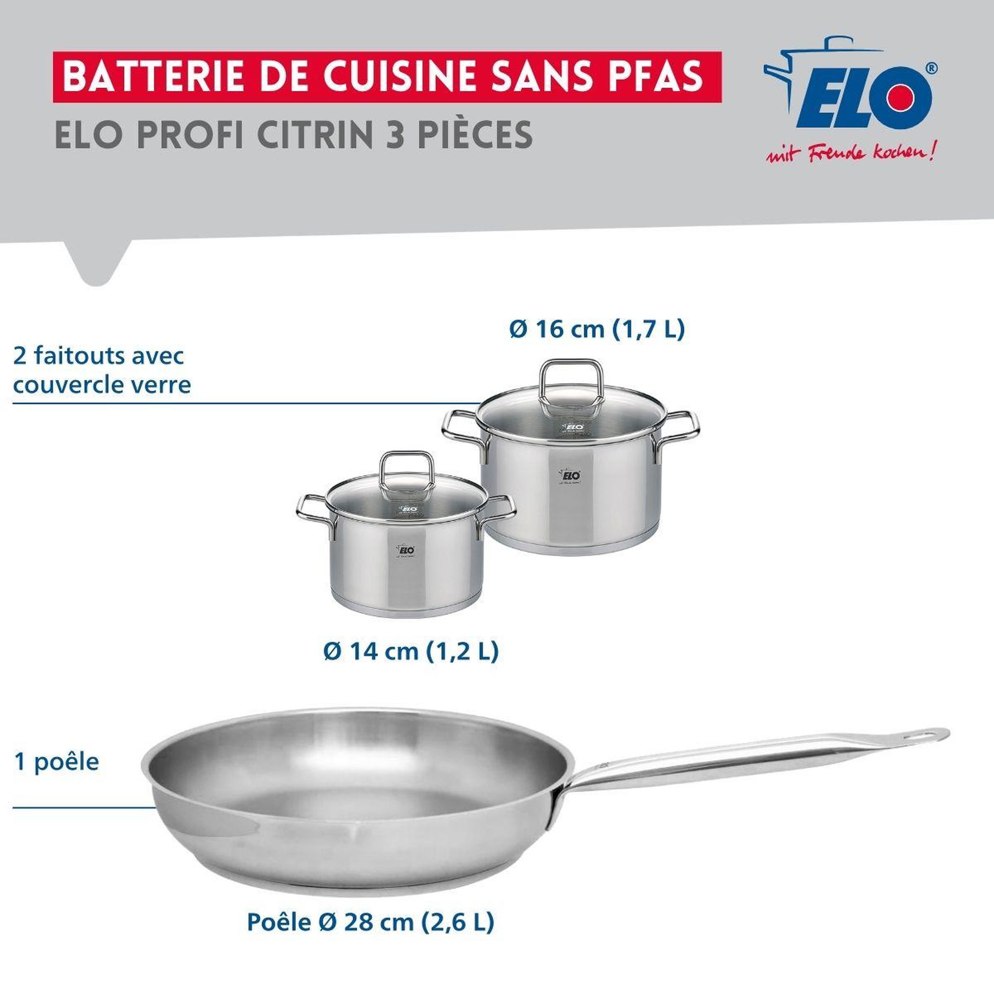 Voir la diapositive 2 : ELO Ensemble de 1 poêle de cuisson 28 cm et 2 faitouts 14 et 16 cm elo profi citrin
