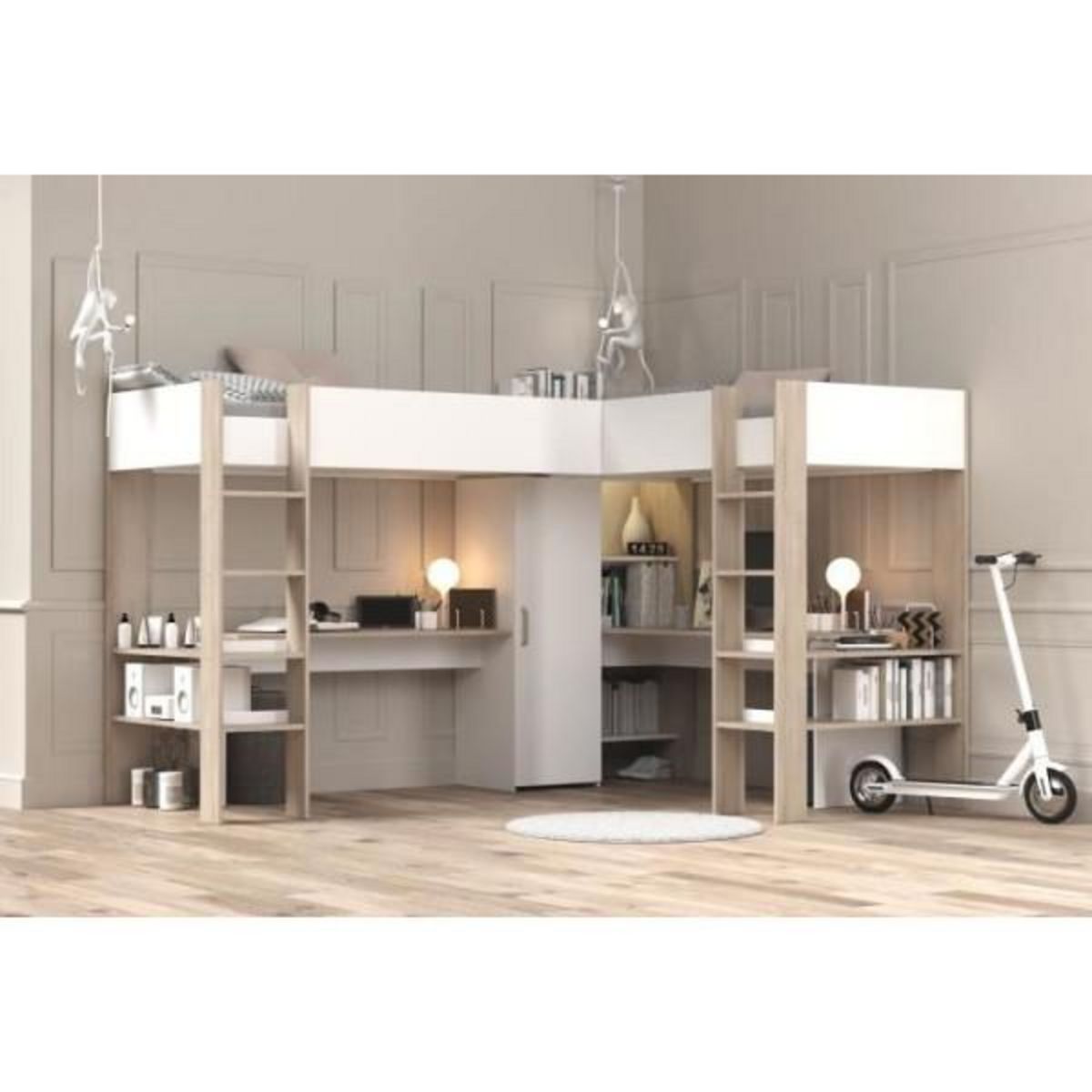 PARISOT Lit double mezzanine combiné enfant ALEXANDRA avec 2 bureaux et rangements - 2x90x200 cm - Blanc/Chene - Sommiers inclus - PARI