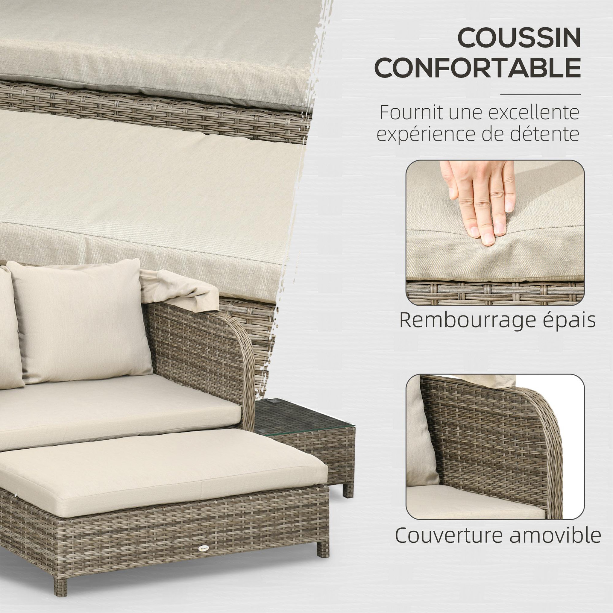 Voir la diapositive 4 : OUTSUNNY Ensemble salon de jardin 2 places 4 pcs - canapé, repose-pieds, 2 tables basses - coussins inclus - résine grise polyester kaki