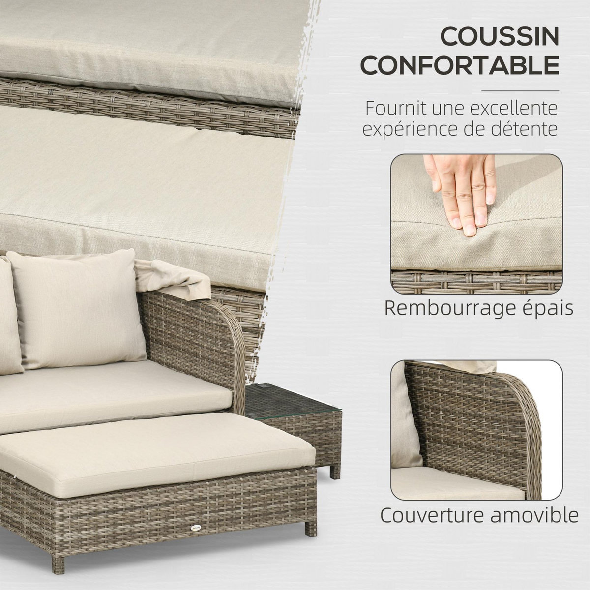 OUTSUNNY Ensemble salon de jardin 2 places 4 pcs - canapé, repose-pieds, 2 tables basses - coussins inclus - résine grise polyester kaki