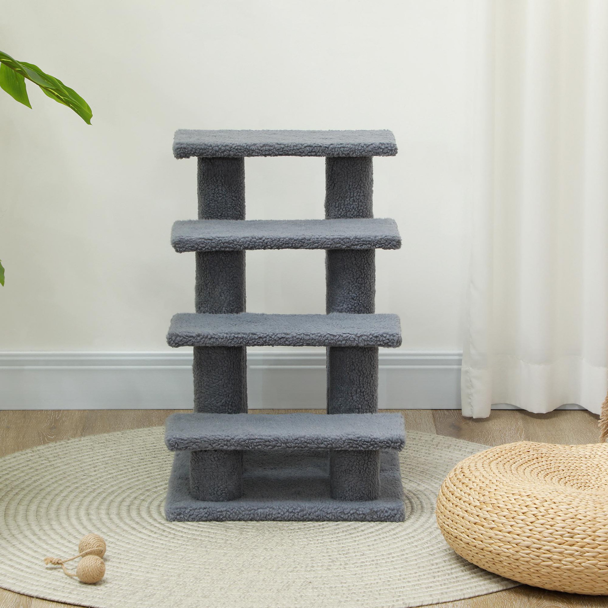 Voir la diapositive 4 : PAWHUT Escalier pour chat - escalier pour chien - 4 marches - revêtement flanelle grande douceur haute densité - structure panneaux particules - gris
