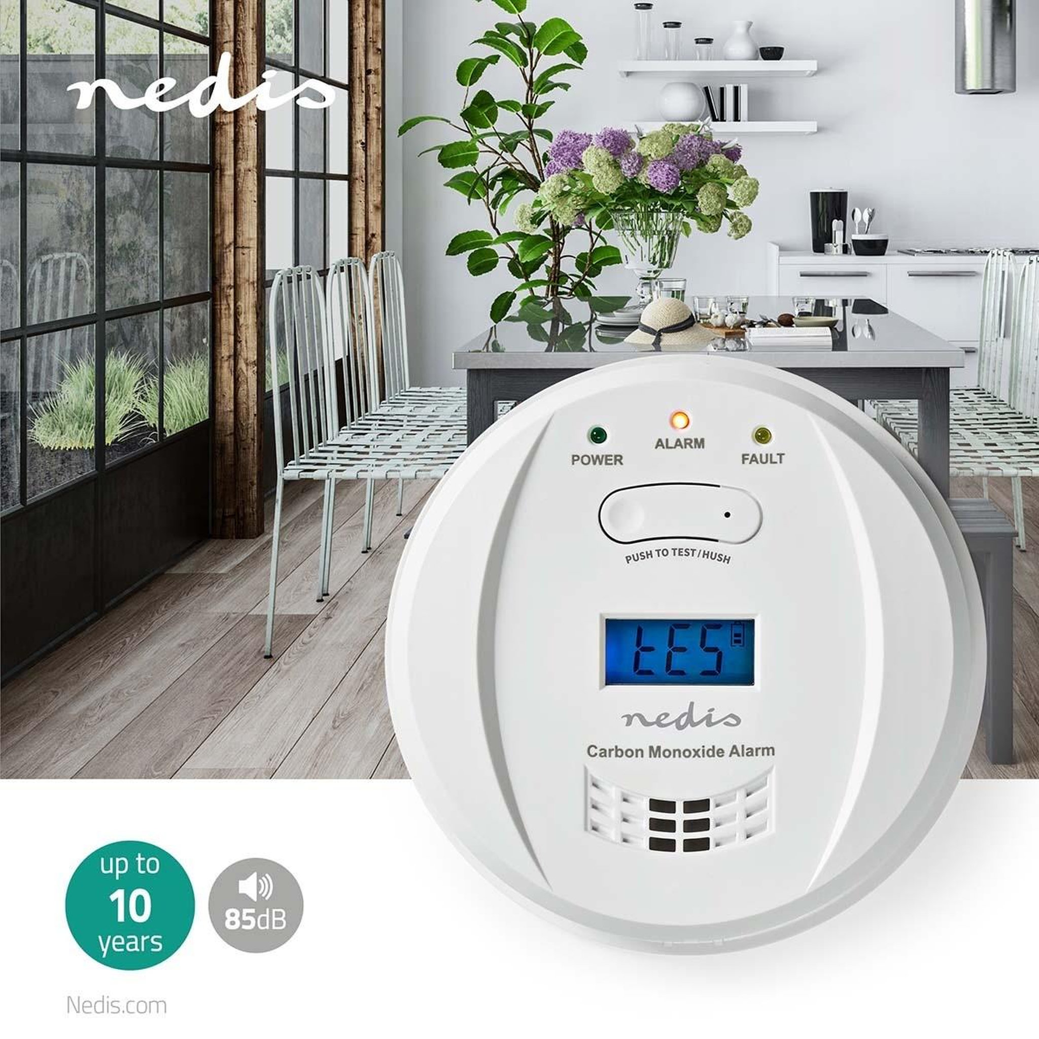 Voir la diapositive 2 : NEDIS Détecteur de Monoxyde de Carbone CO écran Alarme 85dB 2 piles AA incluses Bouton Test/Silence Nedis