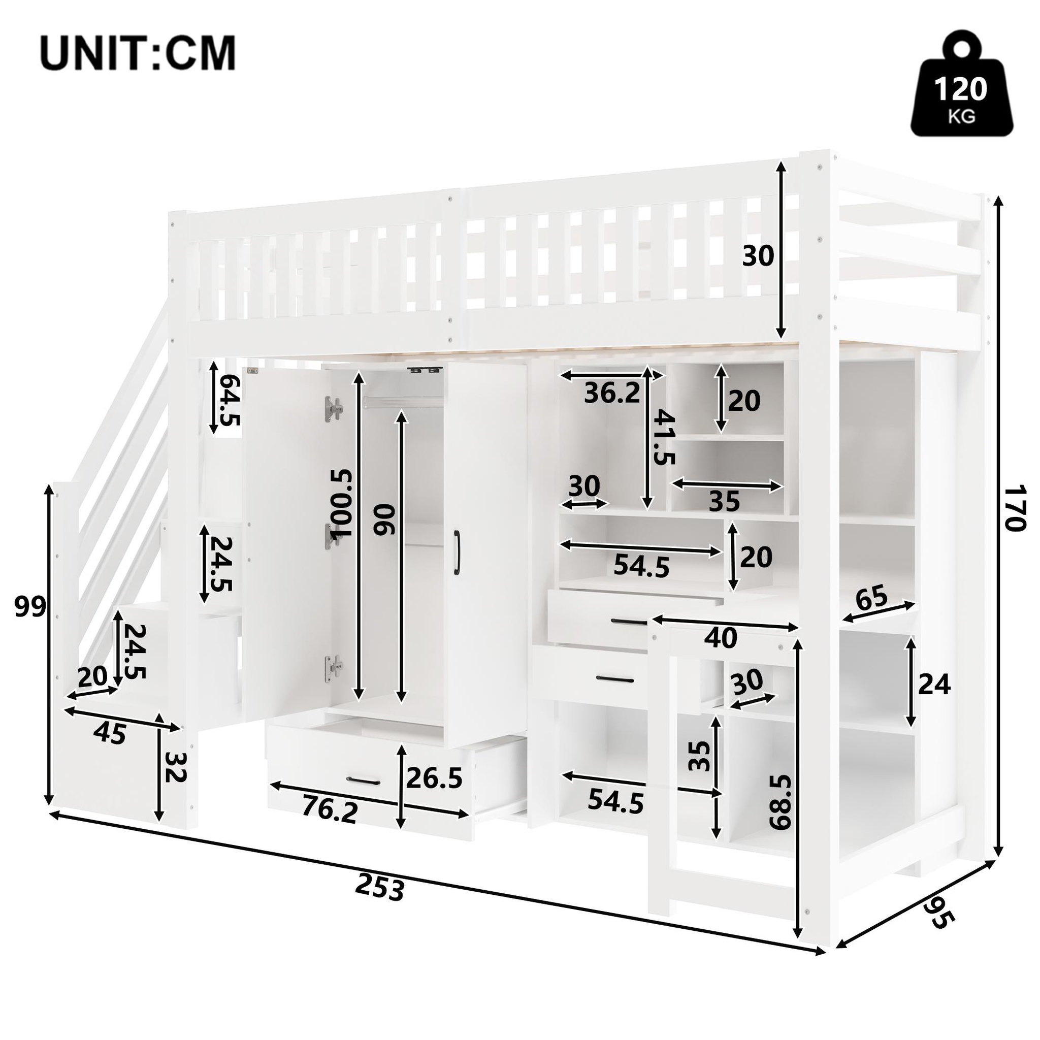 Voir la diapositive 3 : MERAX Lit mezzanine 90x200 cm coloris blanc bois massif