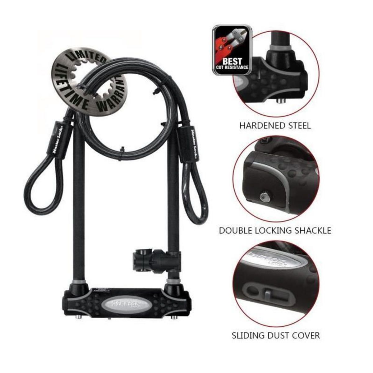 Master lock Antivol U avec Câble [A Clé] [Support de Vélo Universel] [Antivol Certifié] [Modèle XL] 8285EURDPRO