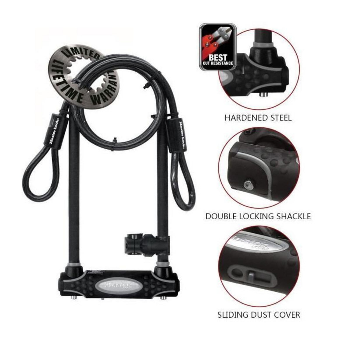 Master lock Antivol U avec Câble [A Clé] [Support de Vélo Universel] [Antivol Certifié] [Modèle XL] 8285EURDPRO