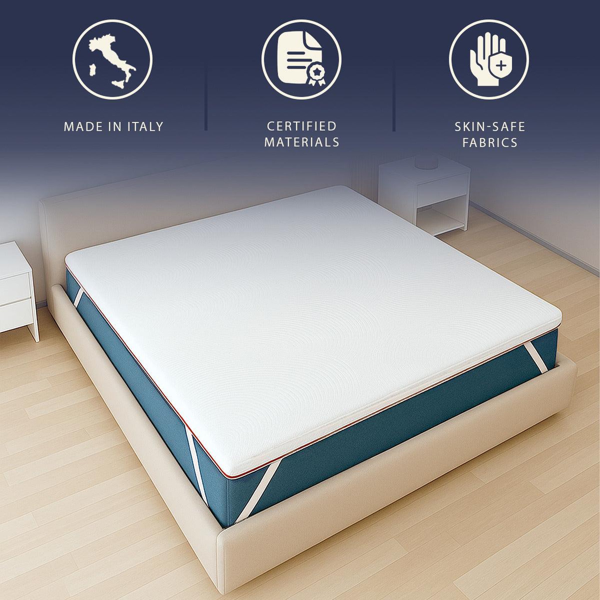Voir la diapositive 5 : THE WHITE STONE Surmatelas 80x190 en Mémoire de Forme 9 Zones Différenciées | Hauteur 5 cm | Tissu Hypoallergénique Pure Déhoussable | Surmatelas Orthopédique | Fabriqué en Italie
