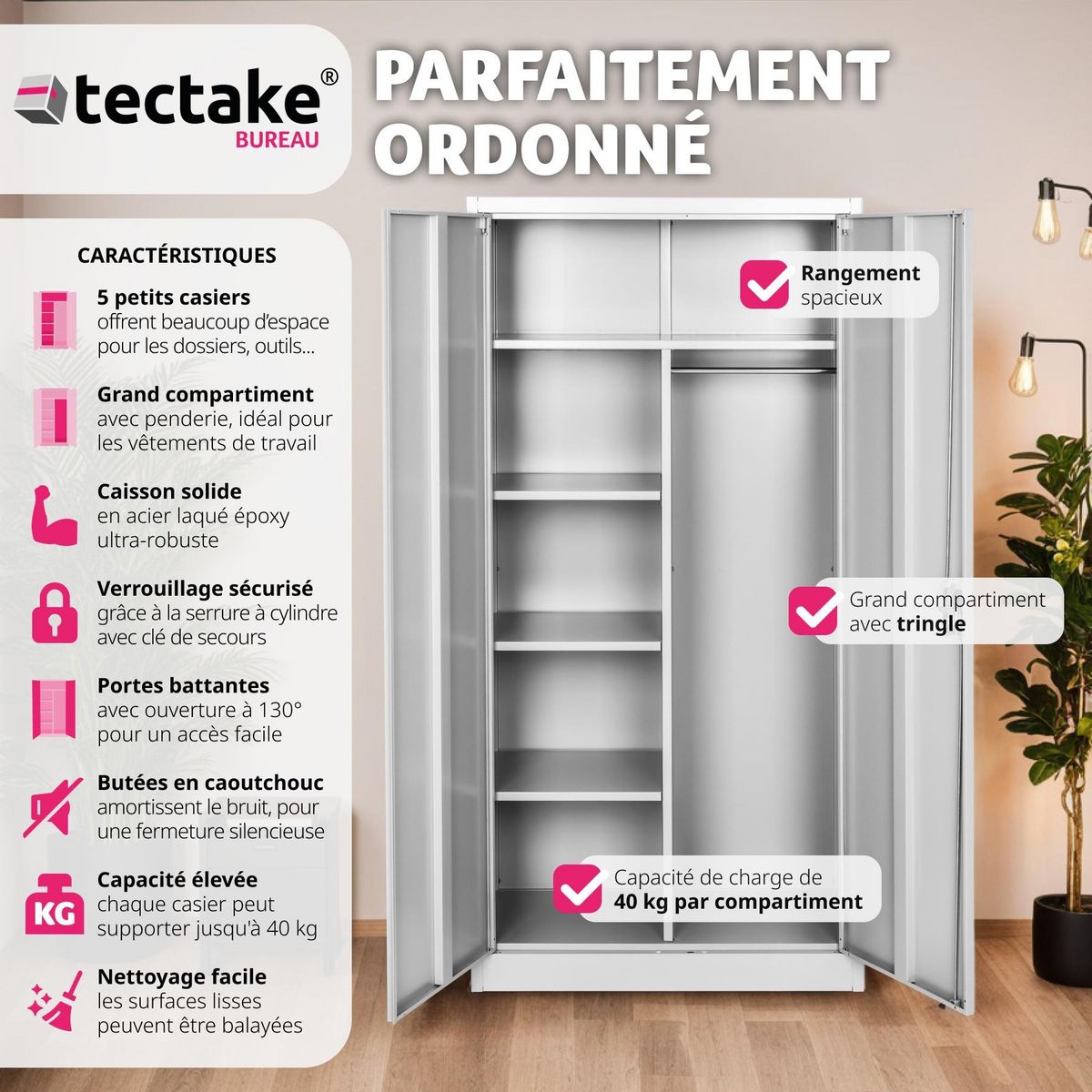 tectake Vestiaire en métal en Acier lâqué époxy gris