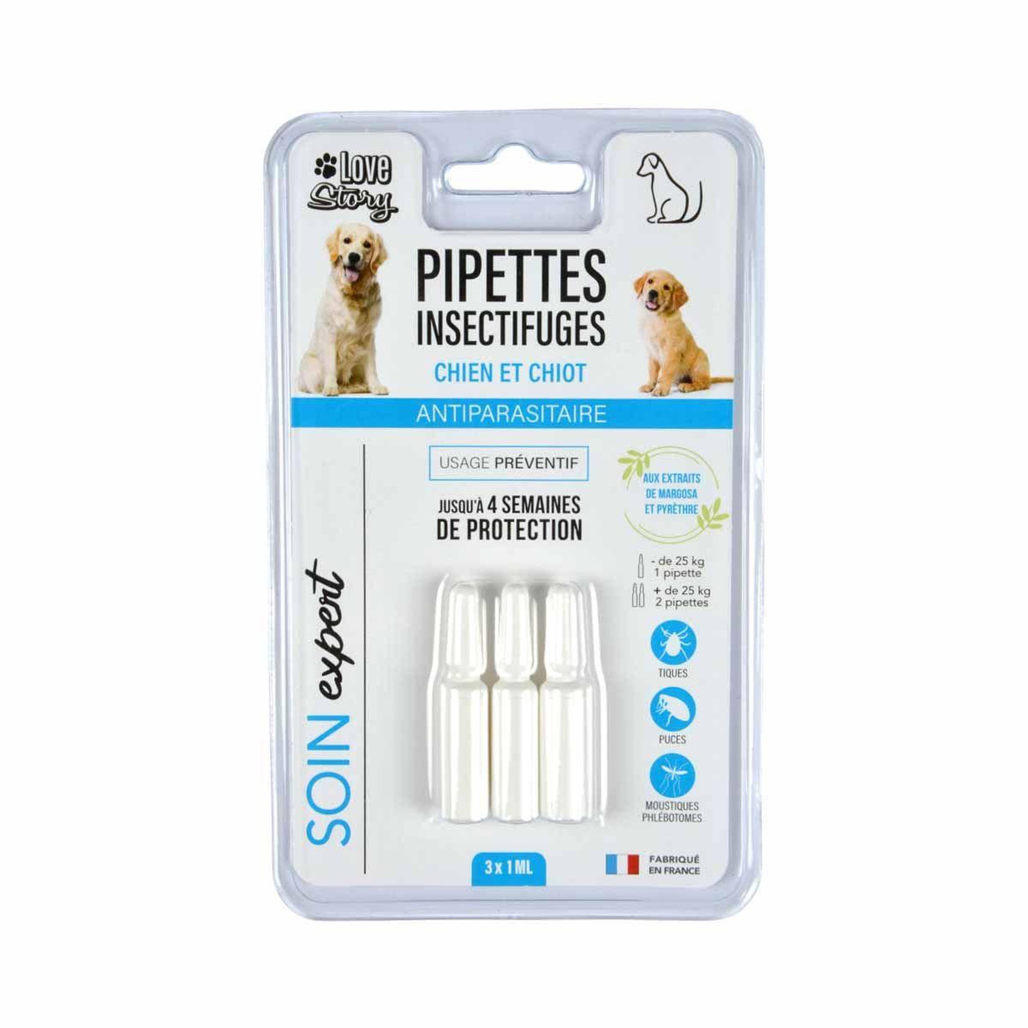 LOVE STORY Lot de 3 pipettes pour chien  soin expert  1ml blanc