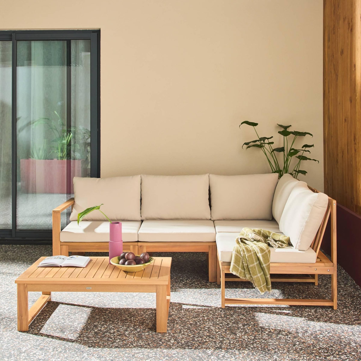 SWEEEK Salon de jardin modulable bois d'acacia et tissu beige 4 places - Tula