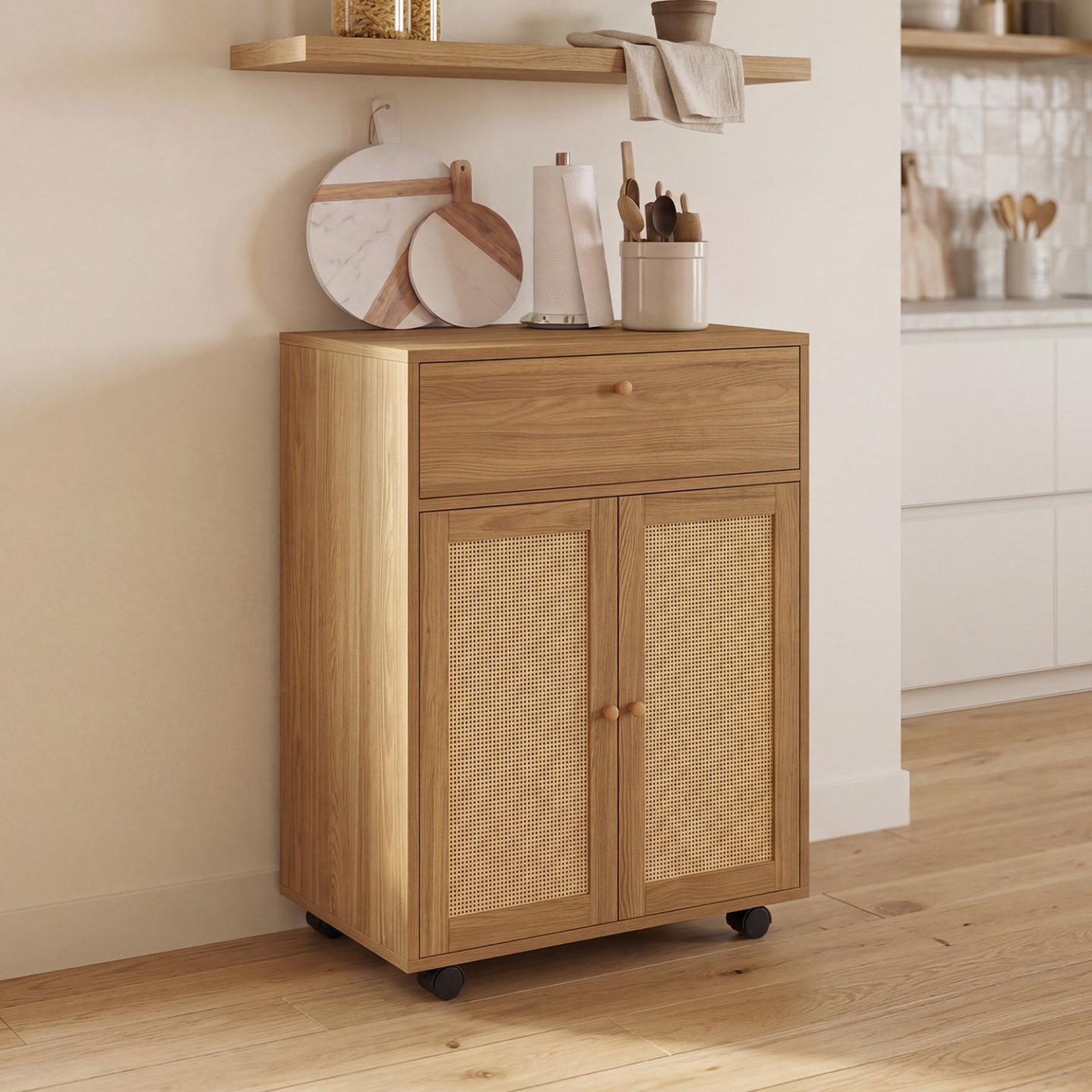 Voir la diapositive 2 : ID MARKET Desserte de cuisine HANAE tiroir effet bois et placard en cannage L.60 cm