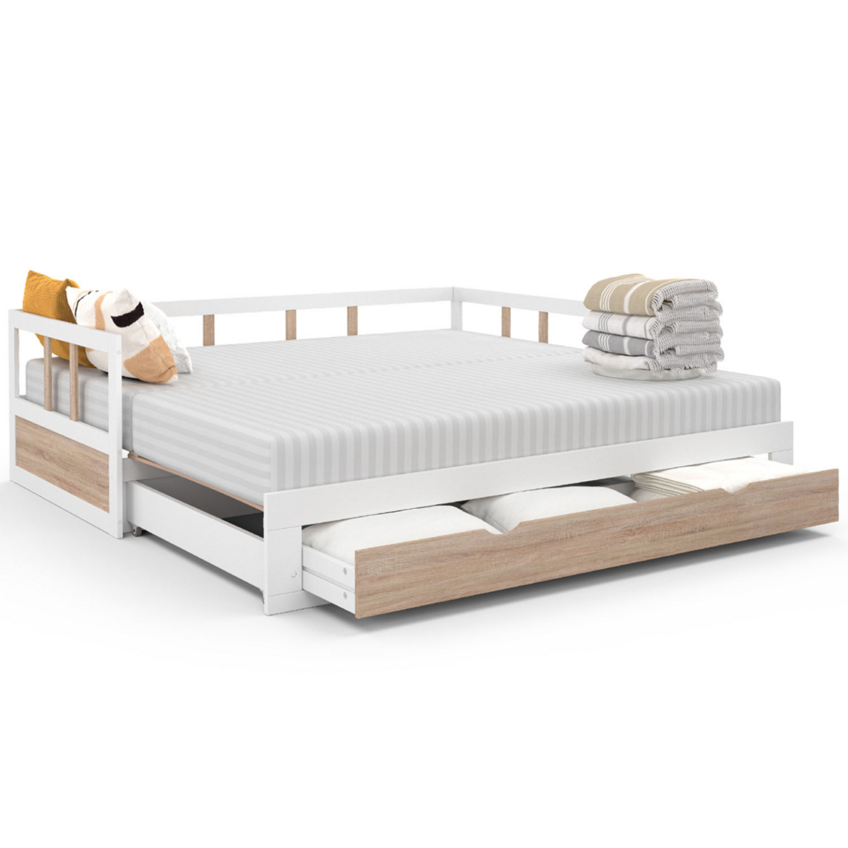 ID MARKET Lit banquette 90 x 190 cm ZOYA convertible 180 x 190 cm blanc et hêtre avec 1 tiroir de rangement