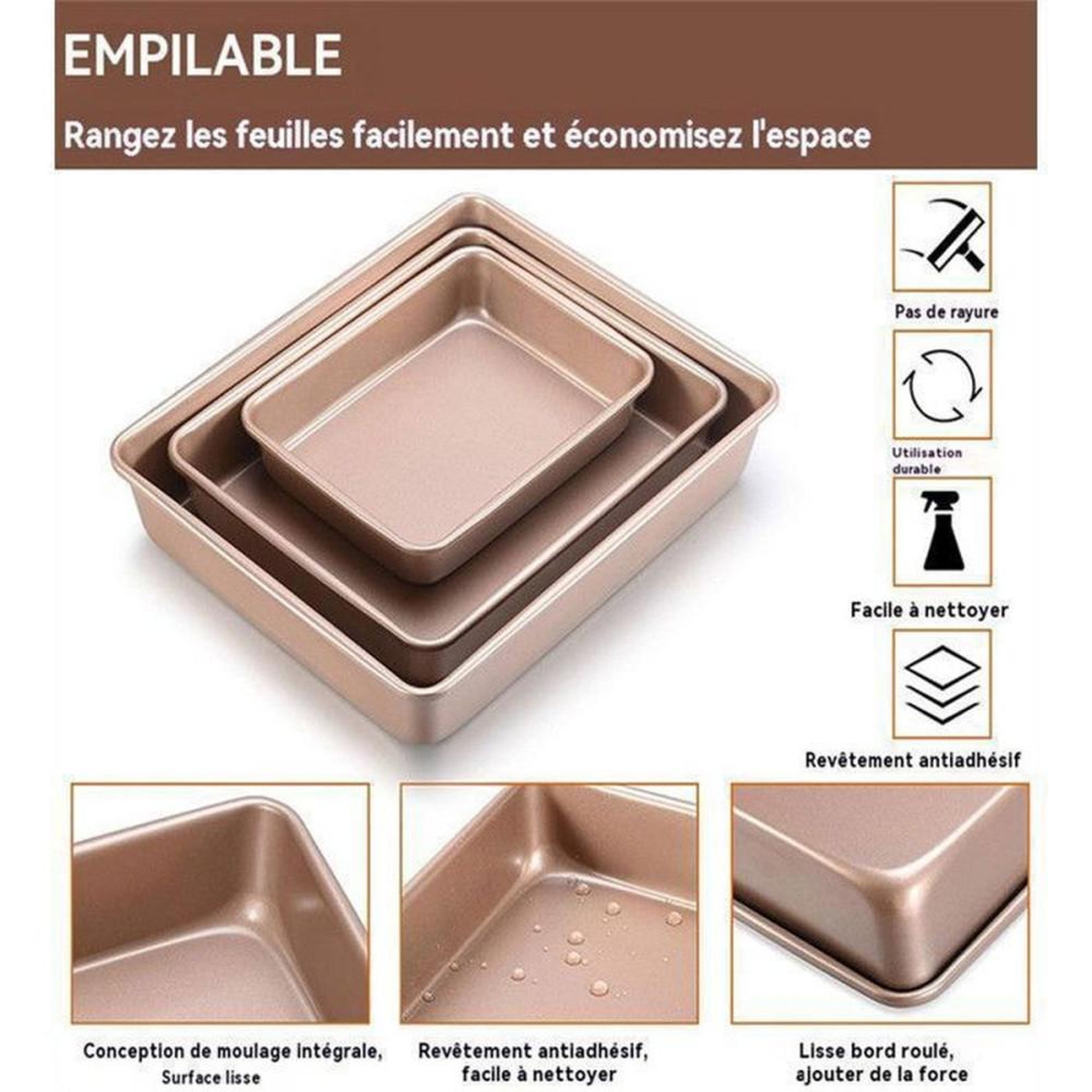 Voir la diapositive 4 : Set de 3 plateaux de cuisson rectangulaires pour four acier au carbone inox 22 28 32 cm antiadhésifs empilables