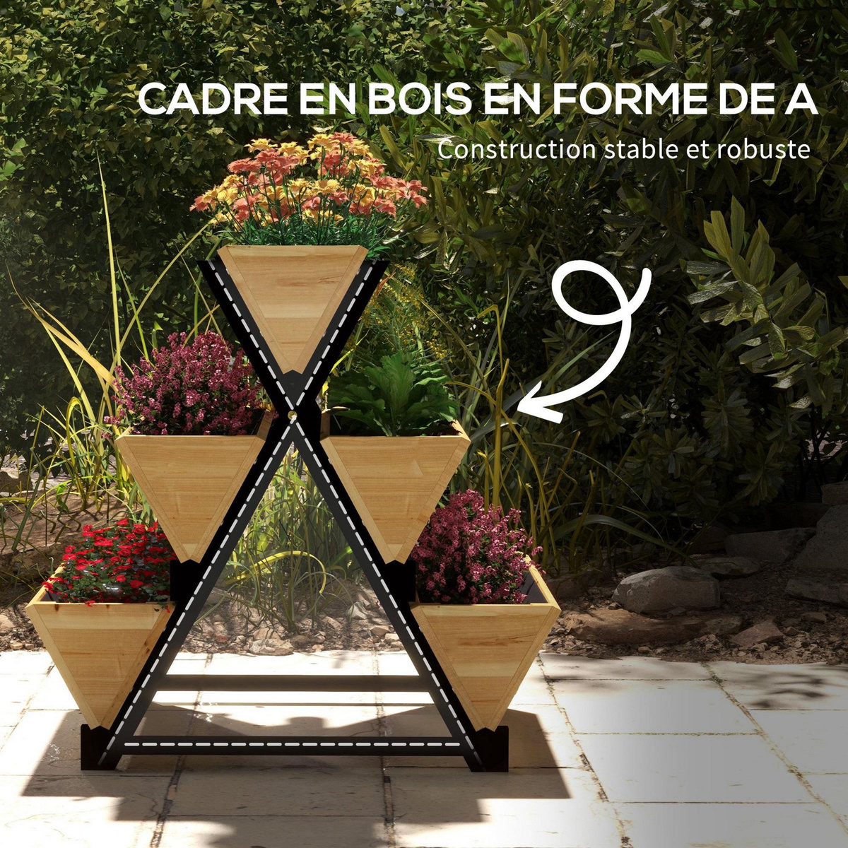 OUTSUNNY Jardinière escalier 5 bacs design - dim. 75L x 78lx 77H cm - acier noir bois sapin pré-huilé