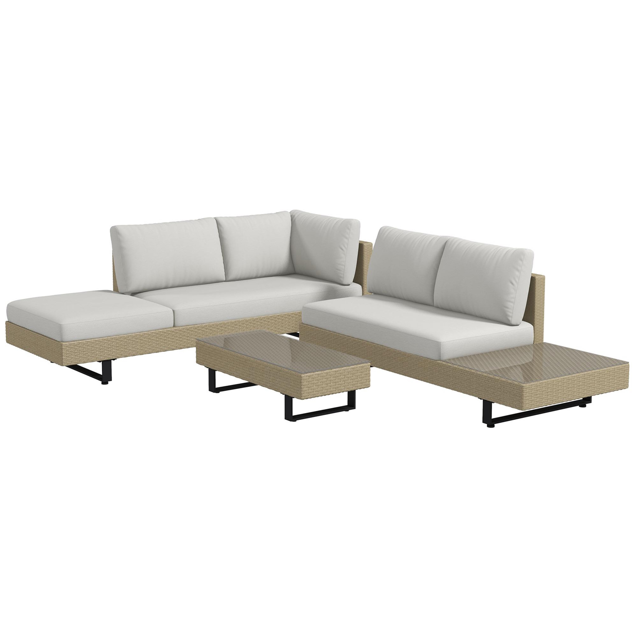OUTSUNNY Ensemble salon de jardin d'angle 5 places design contemporain coussins déhoussables table basse acier époxy résine tressée beige