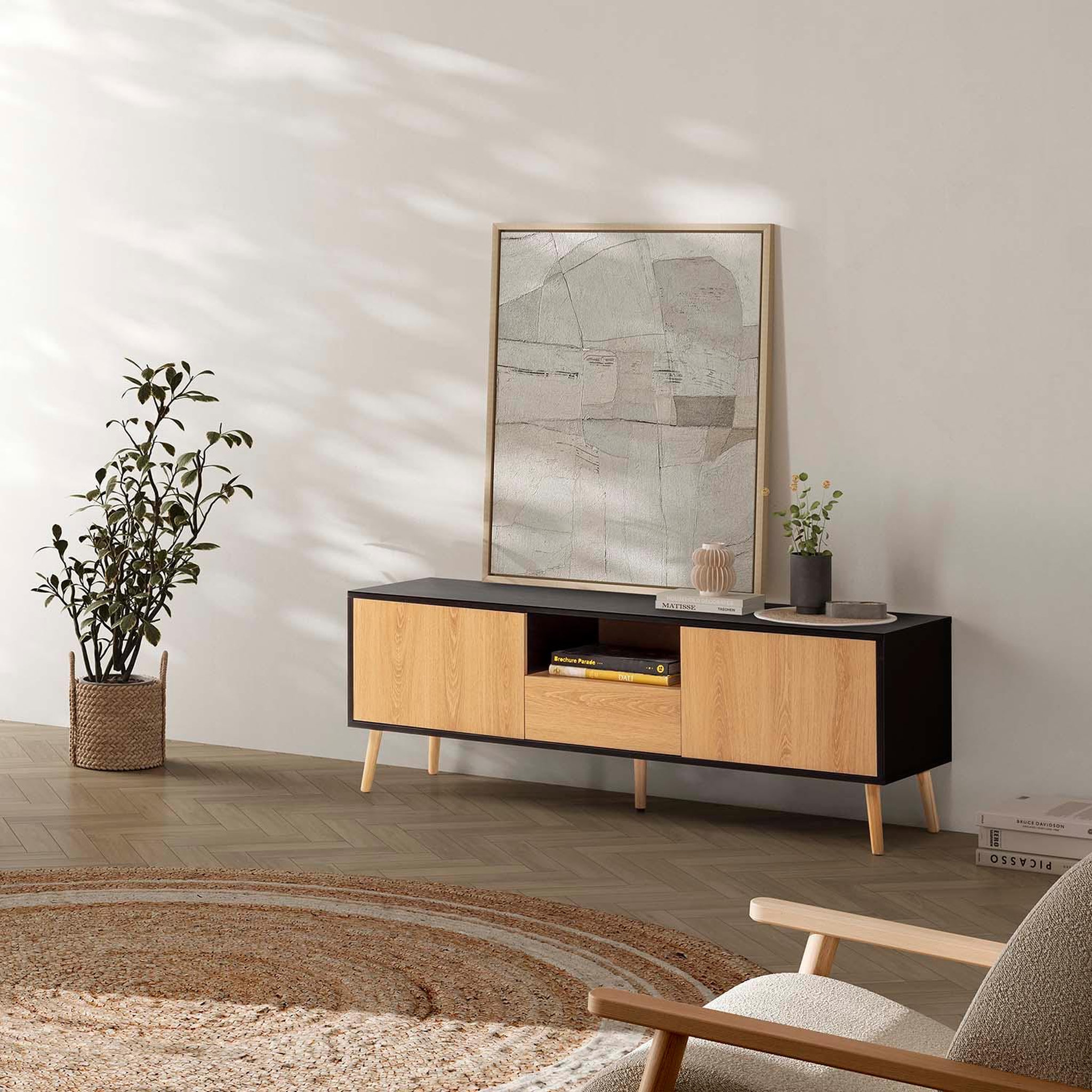 Voir la diapositive 2 : VS VENTA-STOCK Meuble TV Apolo 1 porte 2 tiroirs, couleur noir/bois