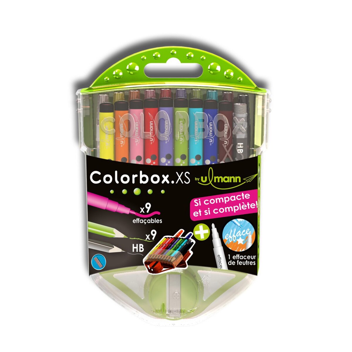 ULMANN  Coffret de coloriage 9 feutres lavables + 9 crayons de couleurs + 1 crayon graphite HB + 1 effaceur de feutres + 1 taille crayon Colorbox XS vert