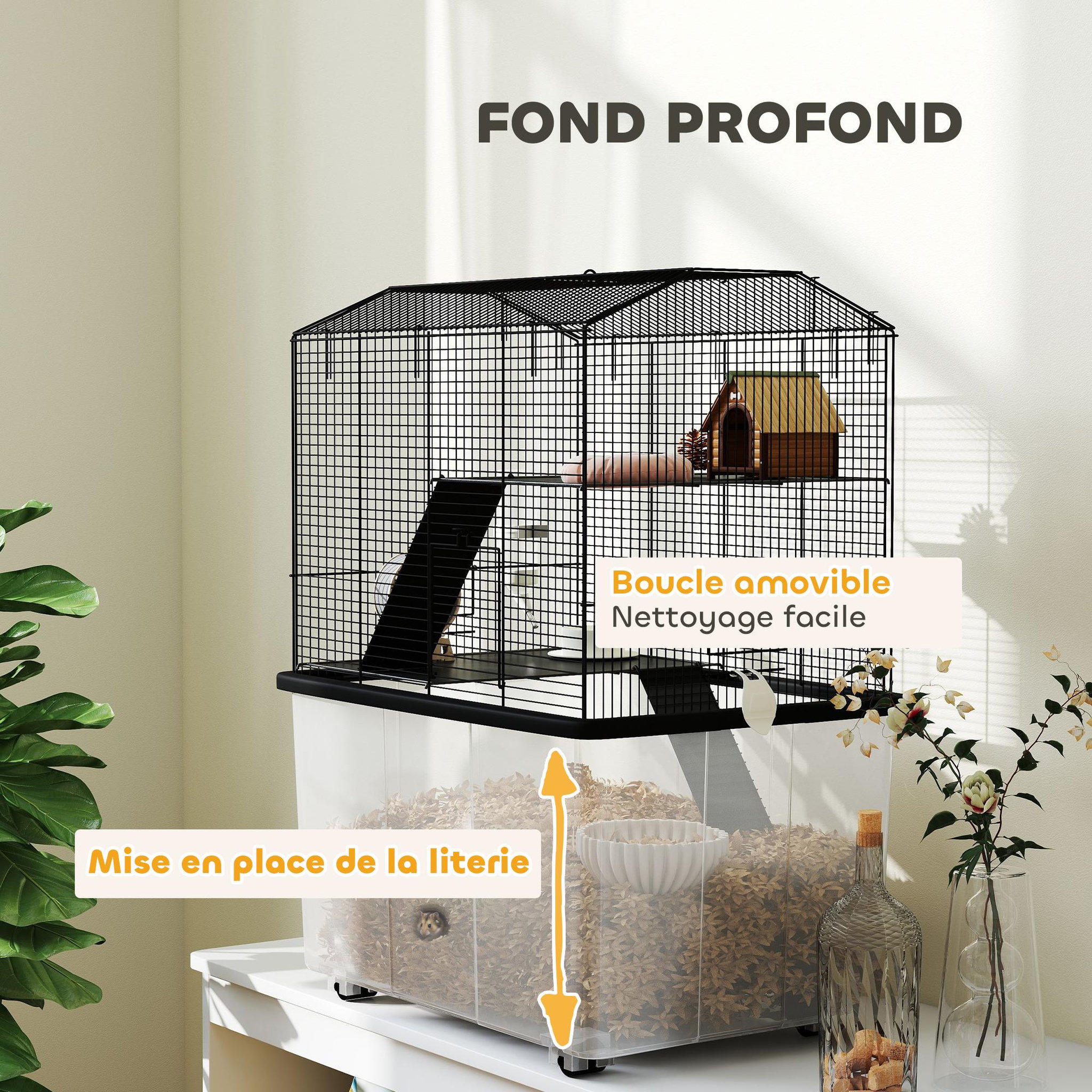 Voir la diapositive 6 : PAWHUT Cage rongeur hamster 3 étages - roulettes, plateforme, échelle, accessoires - PP transparent acier noir