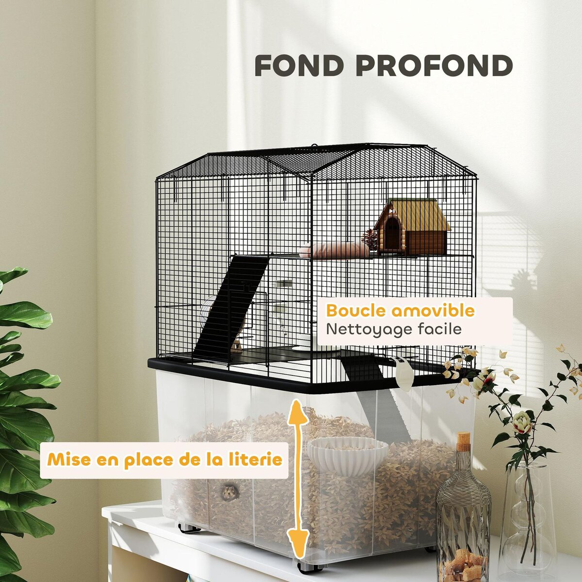 PAWHUT Cage rongeur hamster 3 étages - roulettes, plateforme, échelle, accessoires - PP transparent acier noir