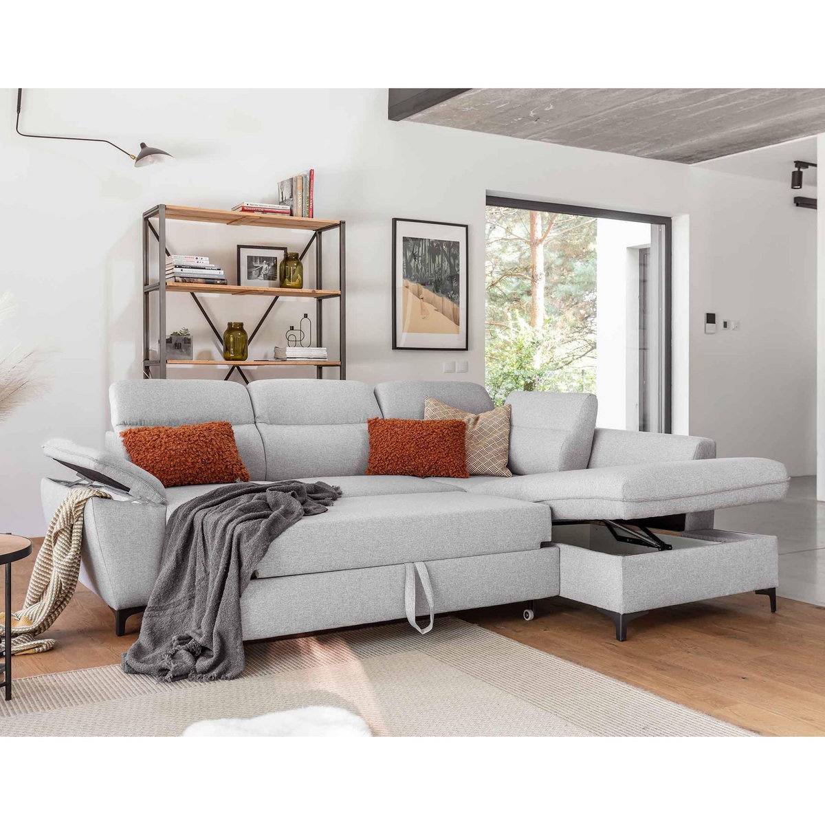 BEST MOBILIER Clever - canapé d'angle droit - 5 places - convertible avec coffre et têtières - en tissu