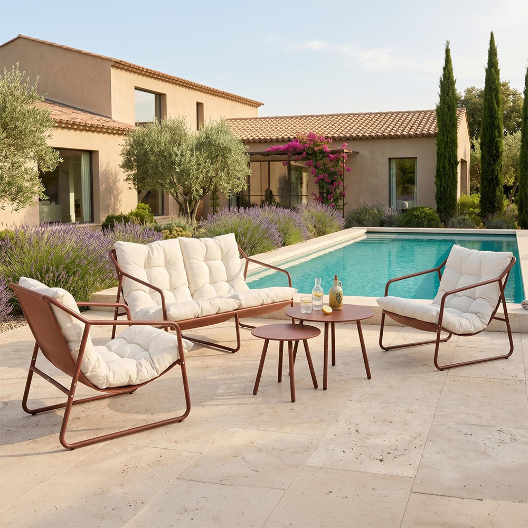Voir la diapositive 4 : CONCEPT USINE Salon de jardin 4 places terracotta et beige avec tables basses ATRANI