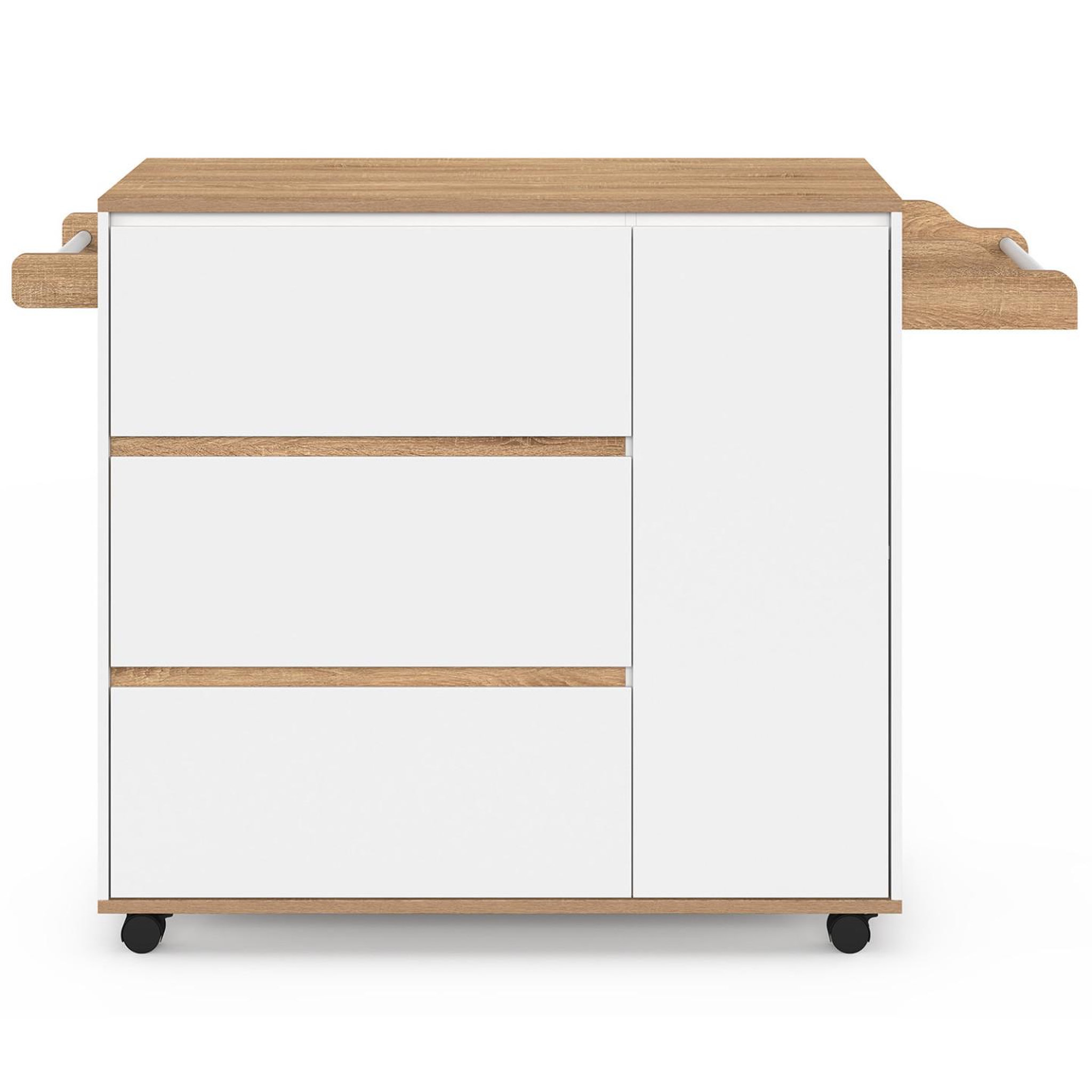 Voir la diapositive 3 : ID MARKET Desserte de cuisine comi xxl avec 3 tiroirs casserolier et placard blanc et plateau façon hêtre l. 90 cm